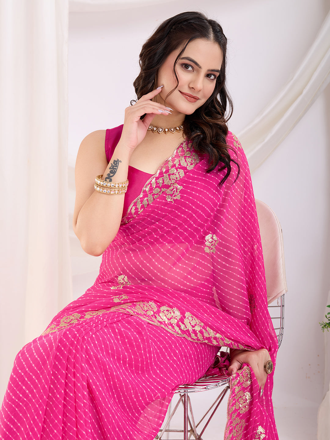 Pink Georgette Sequins Designer Bollywood Saree