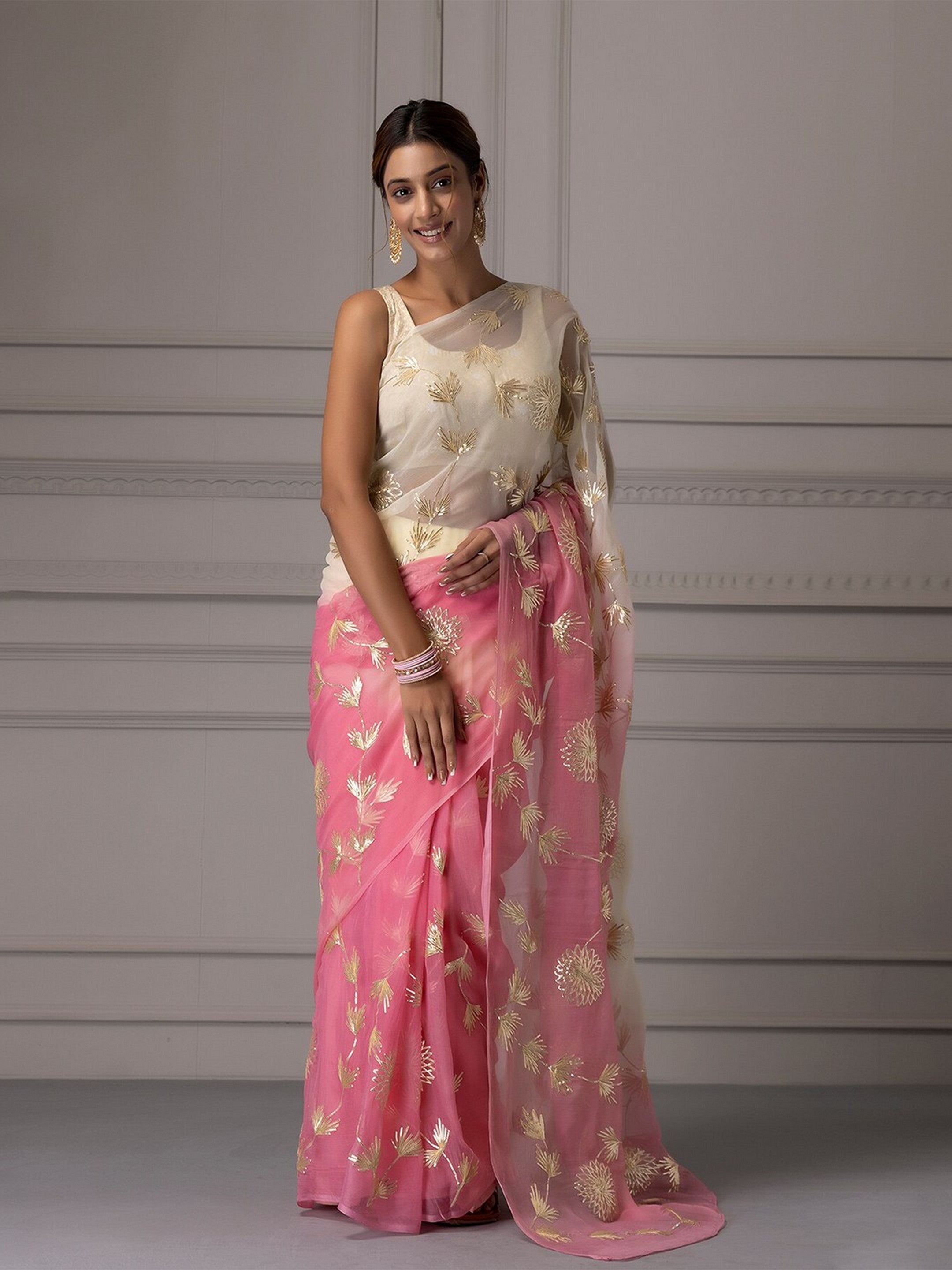 Pink Girlie Organza Designer Gota Patti Work Traditional Rich Saree