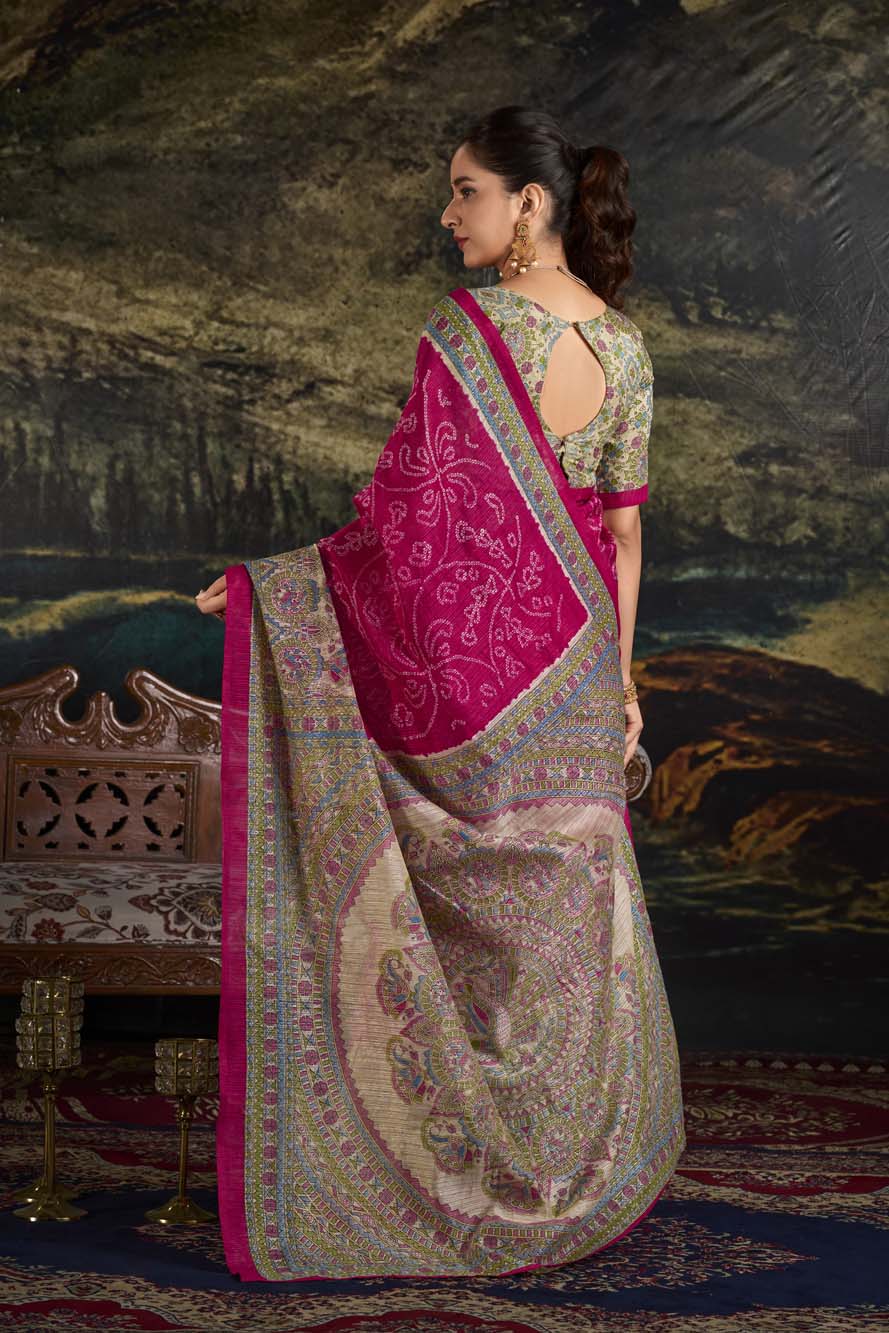 Pink Green Silk Saree with Madhubani & Bandhej Magic
