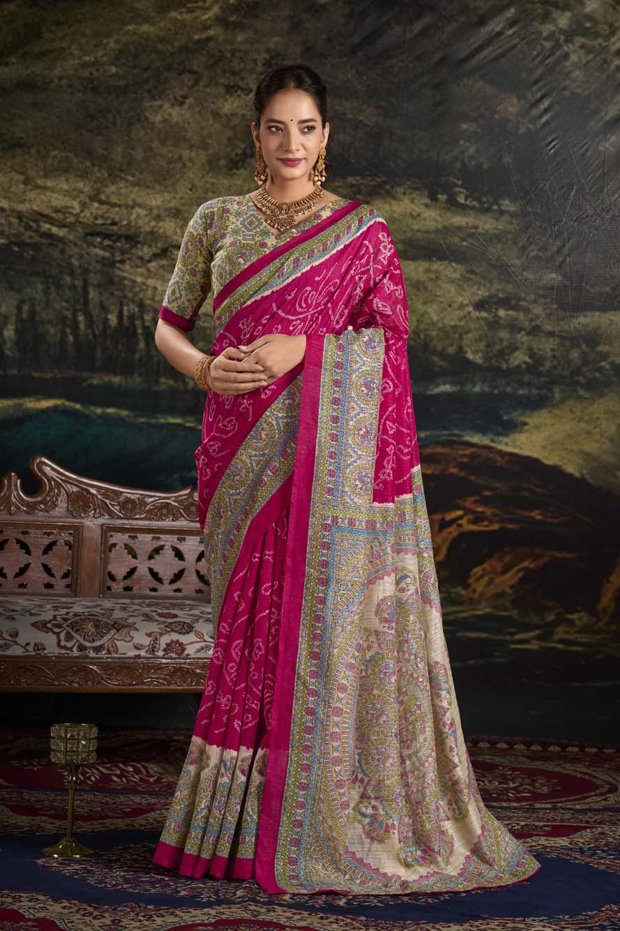 Pink Green Silk Saree with Madhubani & Bandhej Magic