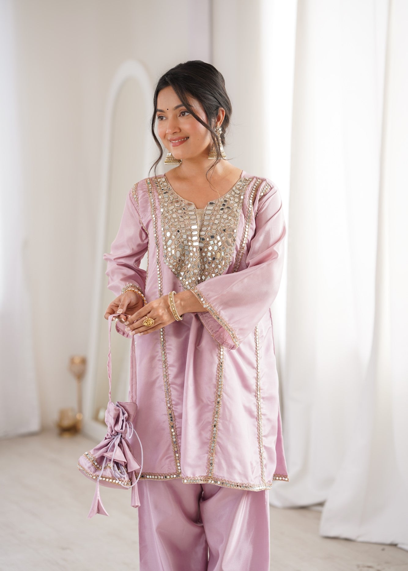 Pink H O Silk Designer Suit Set With Heavy Mirror Lace Work