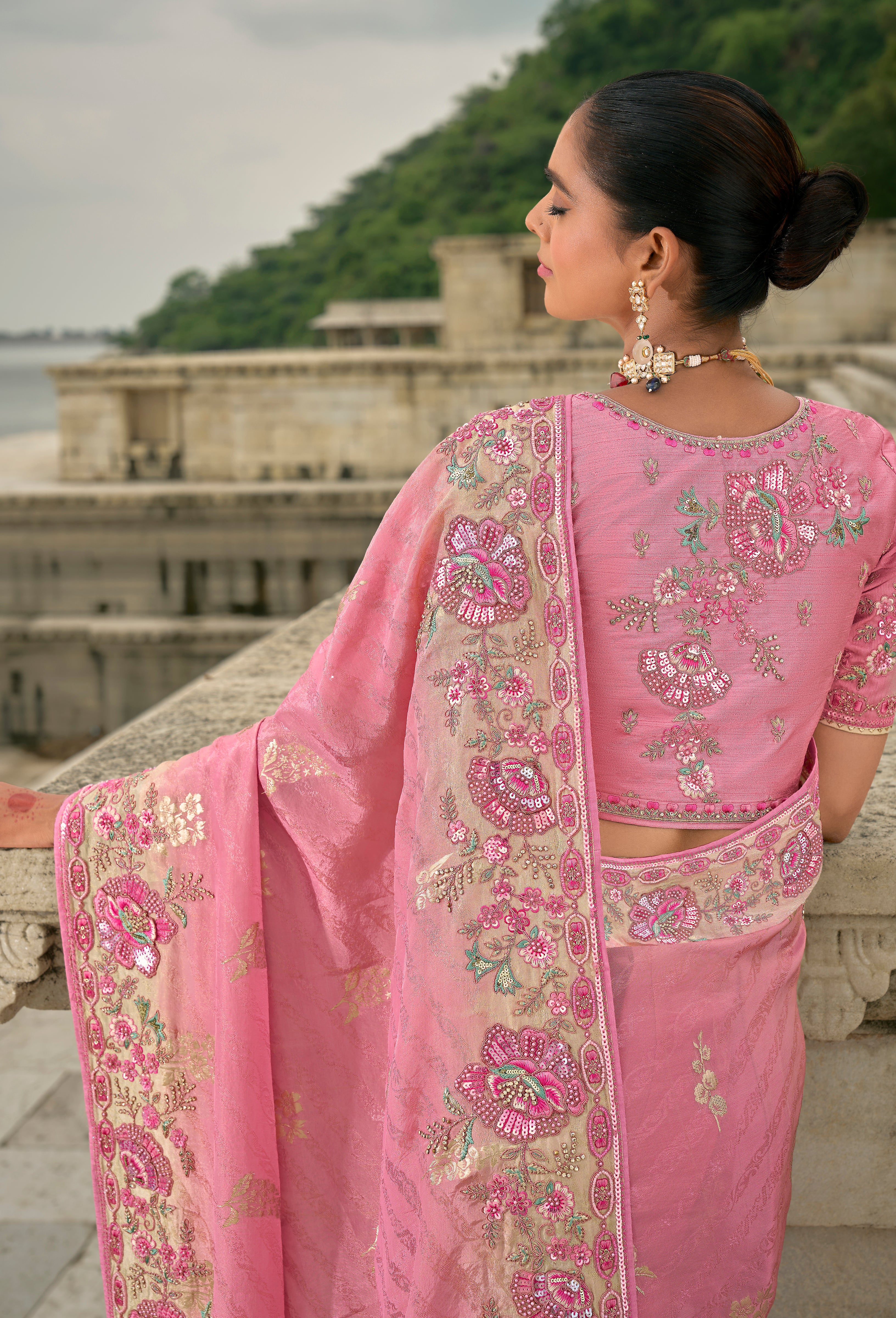 Pink Jacquard Saree With Heavy Thread Embroidery and Sequins Work