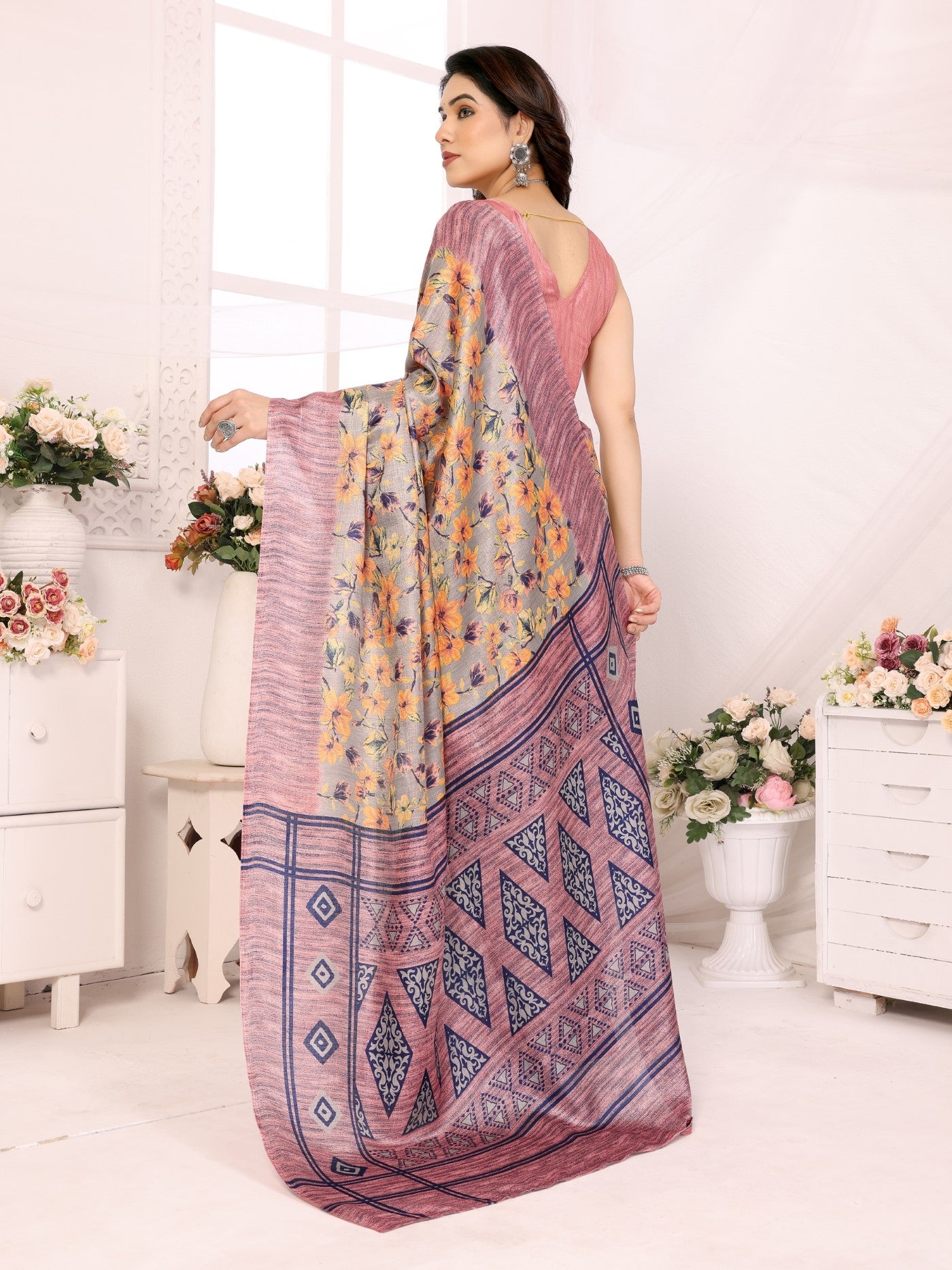 Pink Khadi Saree With Printed