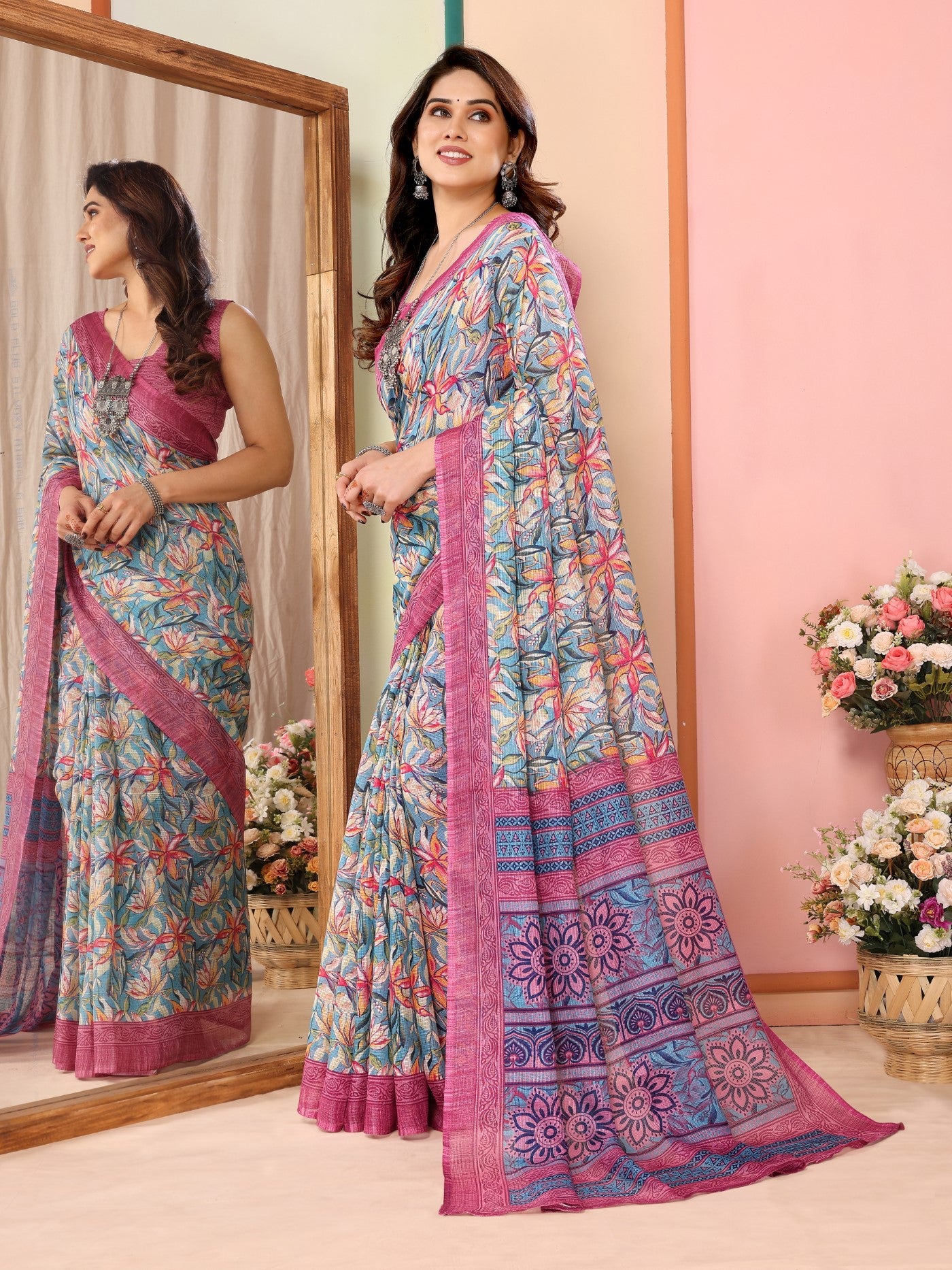 Pink Kota Doriya Saree with Print
