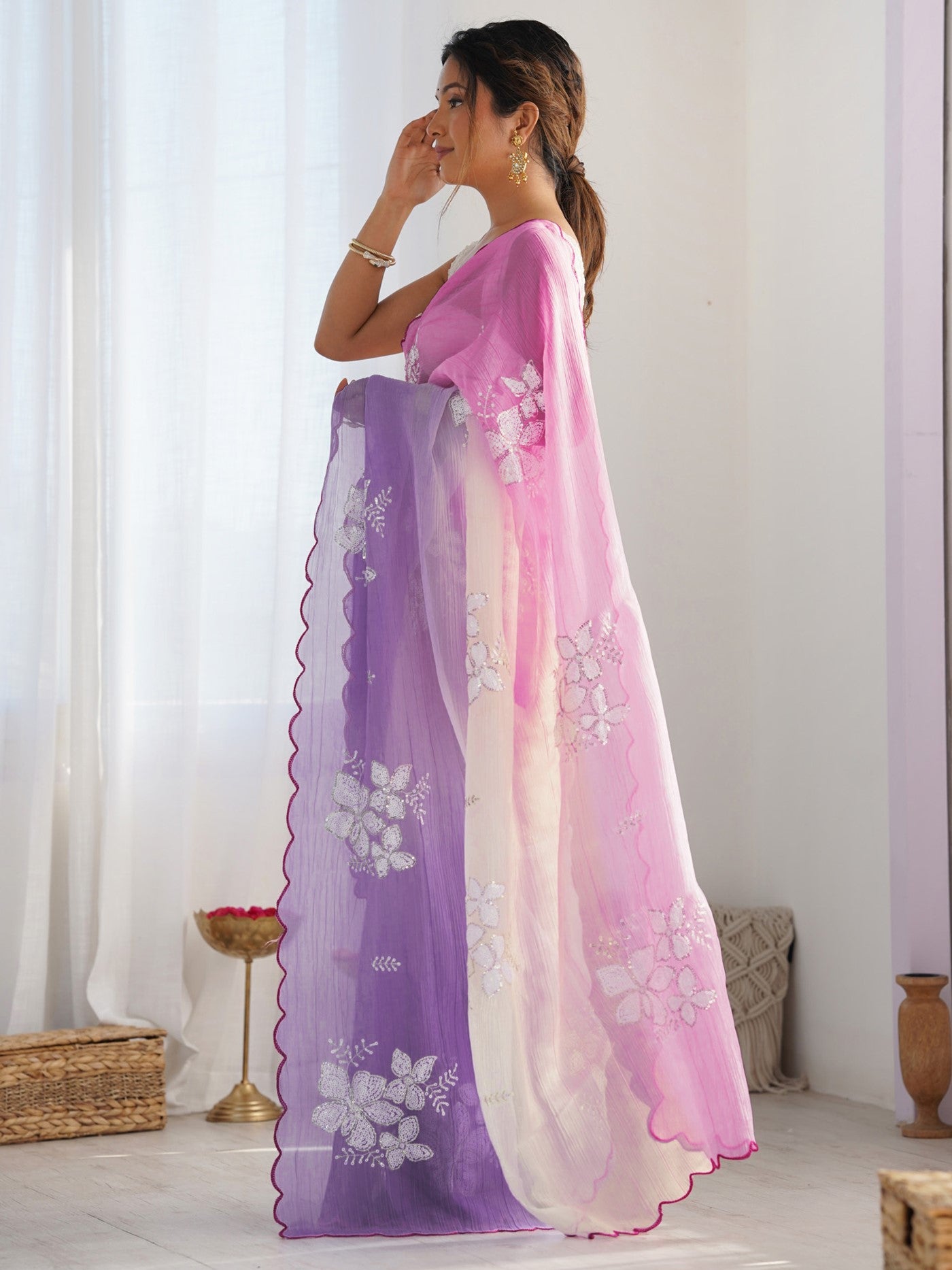 Pink Lavender Gold Crush Saree With Embroidery Work