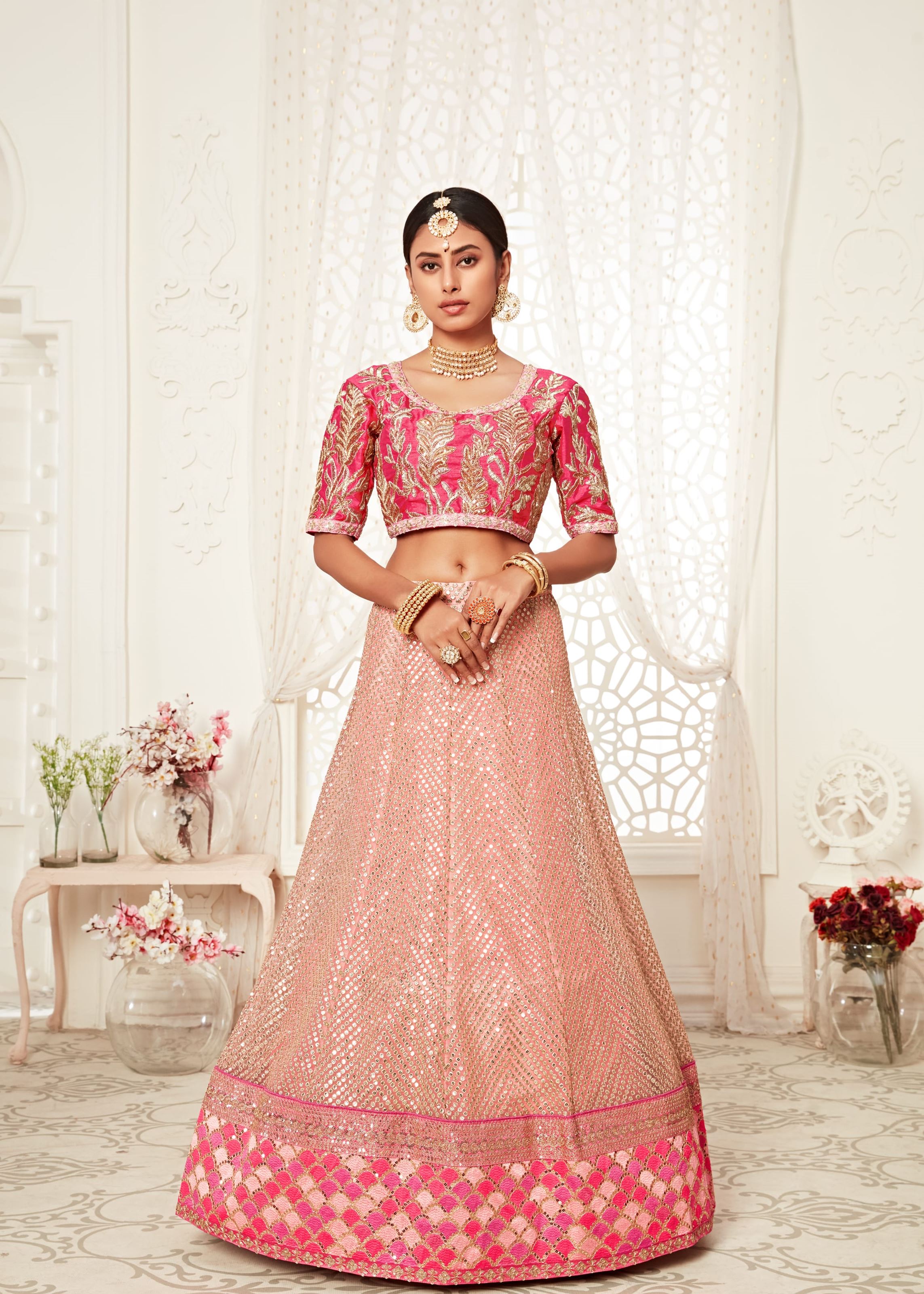 Pink Lehenga Choli With Thread, Zari, Dori And Sequins Embroidery Work