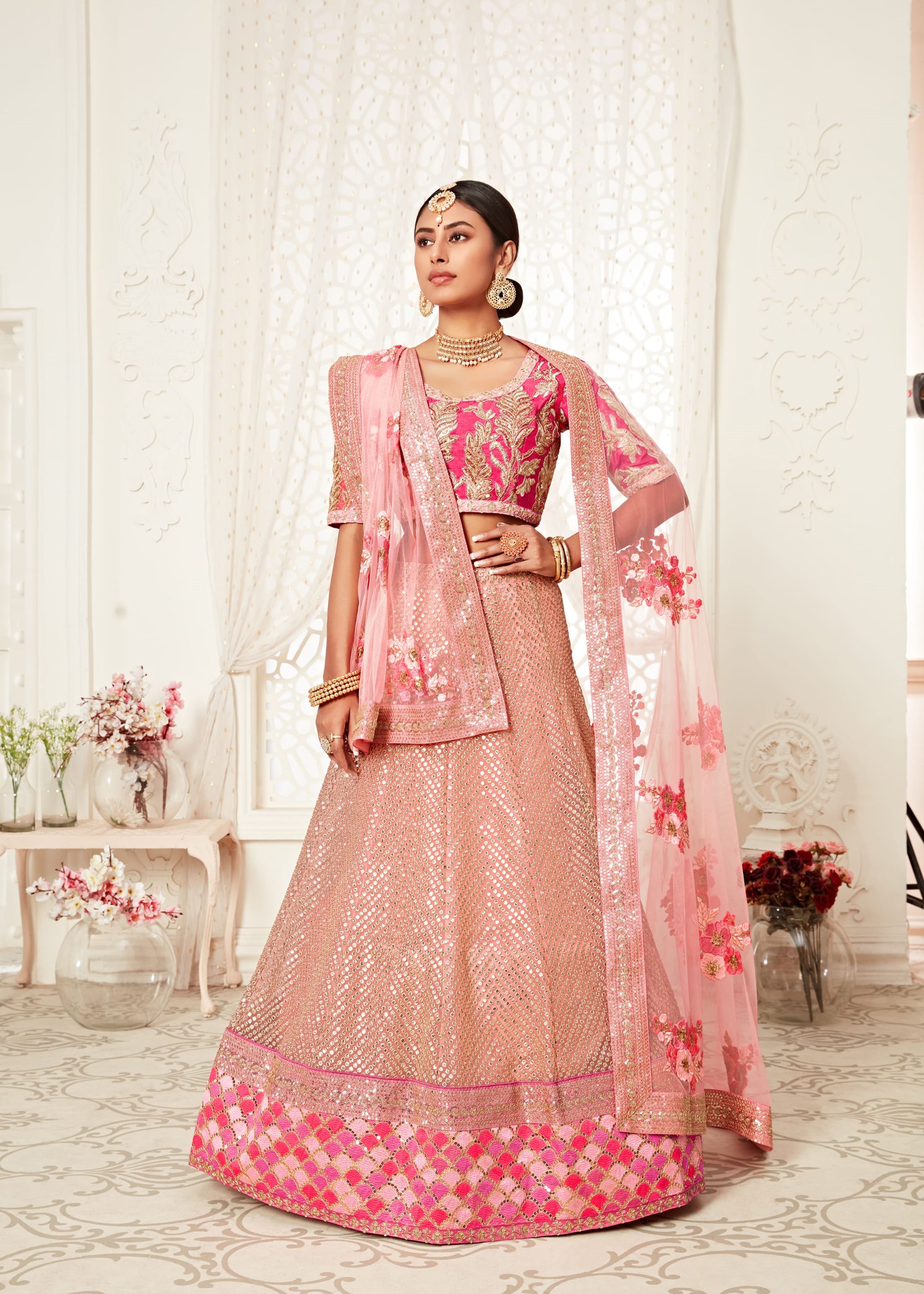 Pink Lehenga Choli With Thread, Zari, Dori And Sequins Embroidery Work
