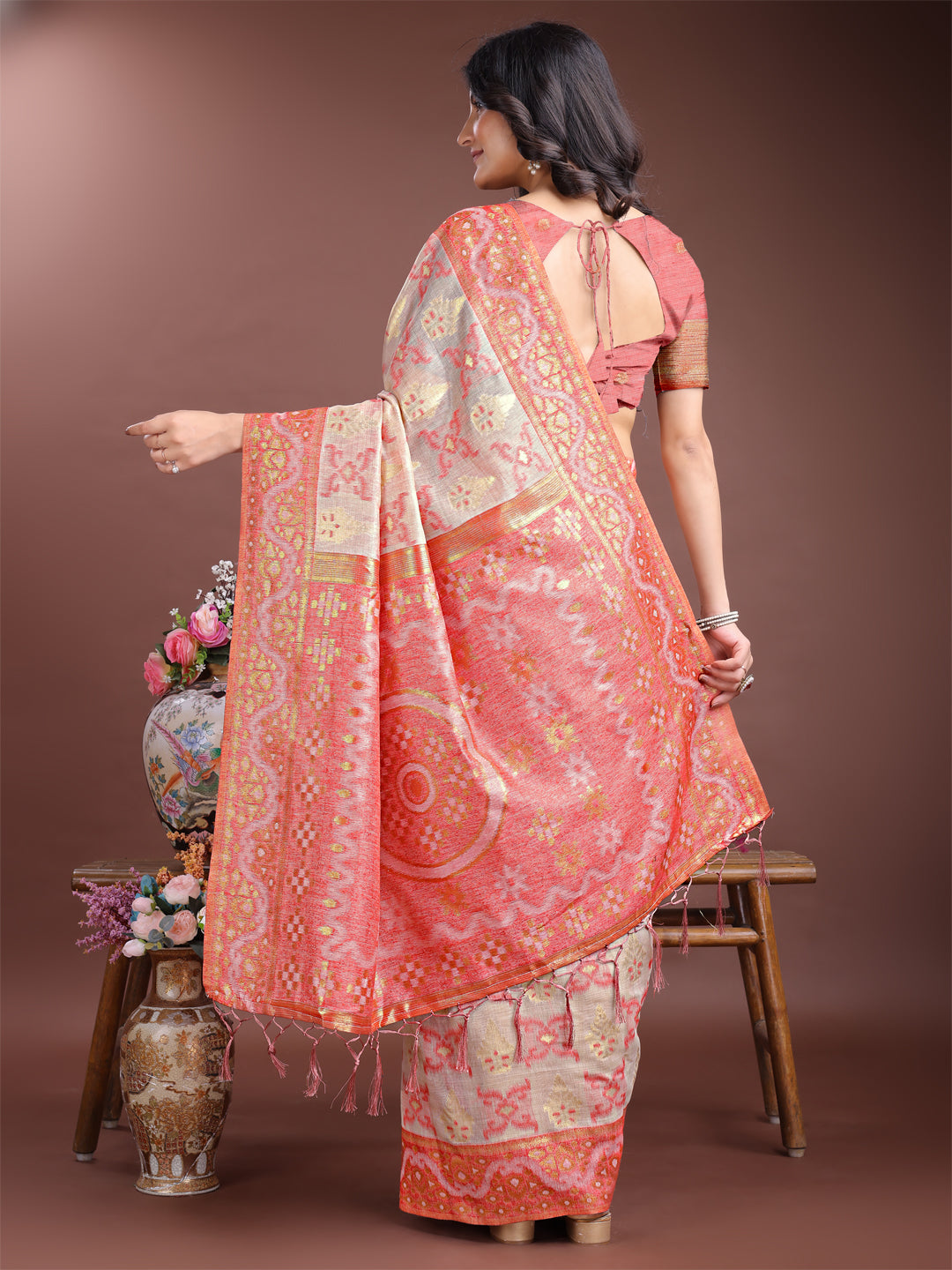 Pink Linen Cotton Woven Jacquard Designer Beautiful Traditional Saree