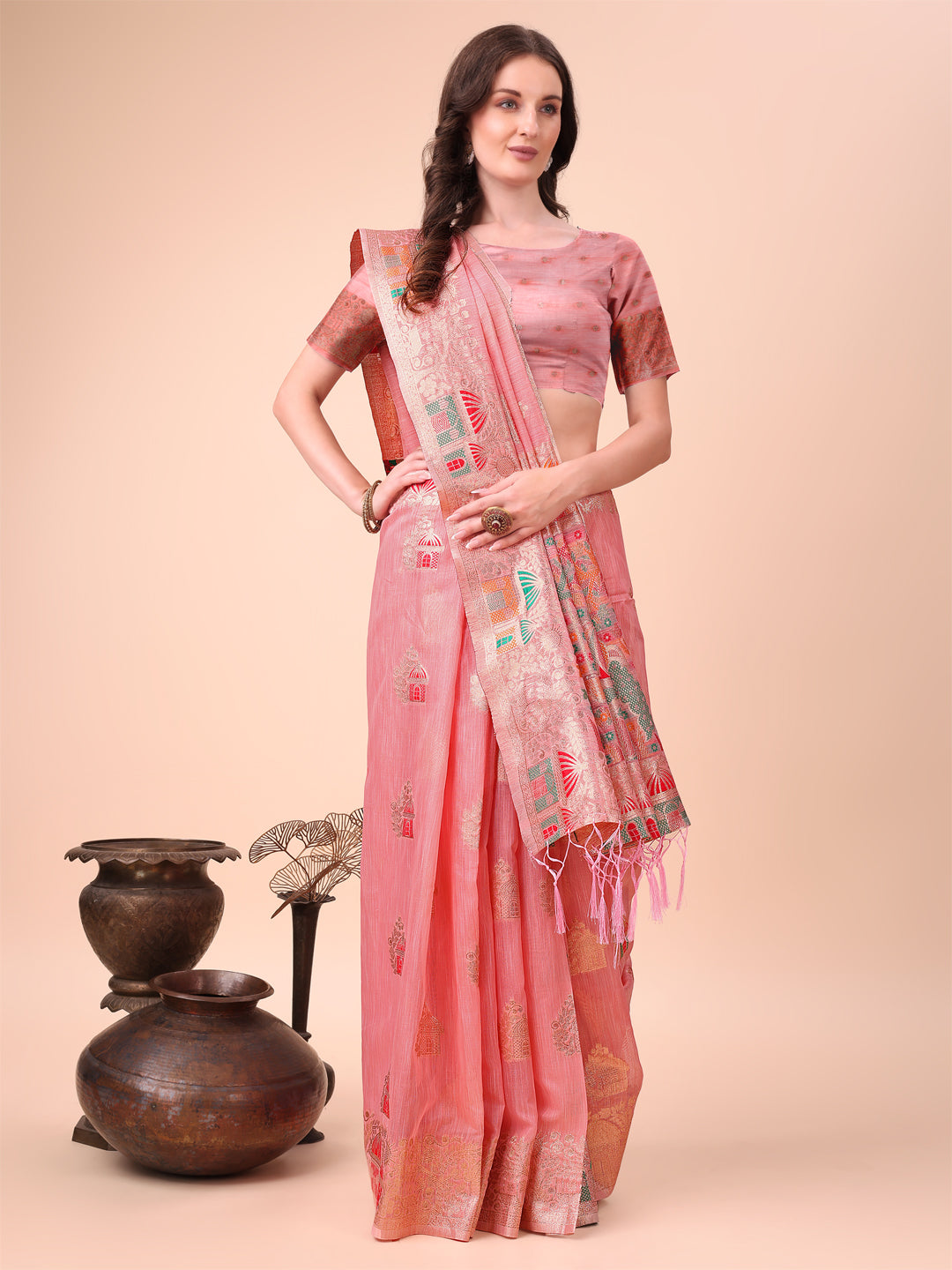 Pink Linen Cotton Woven Jacquard Designer Ethnic Festive Wear Saree