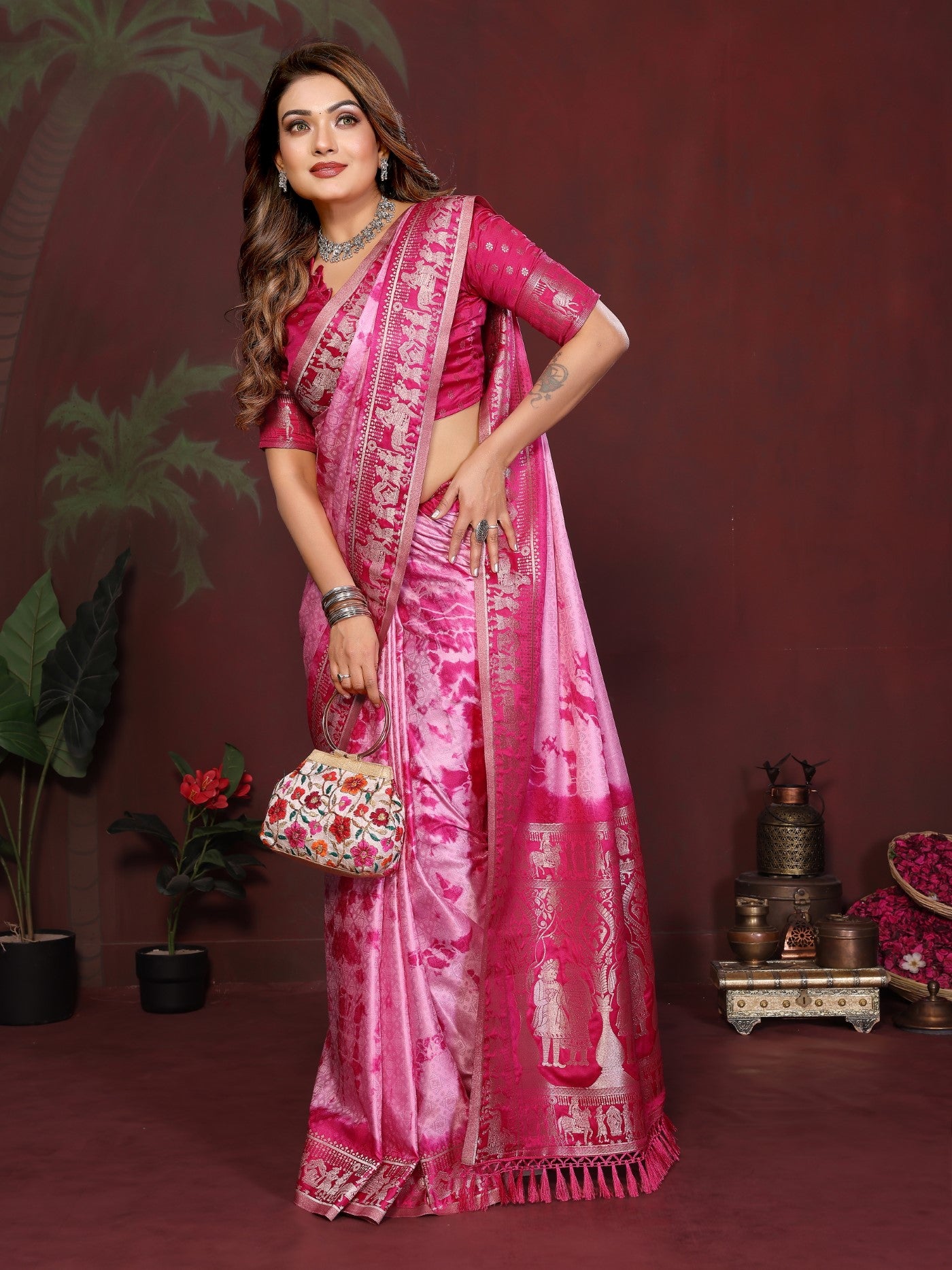 Pink Magenta Soft Satin Silk Saree With Designer Sibory Zari Weaving