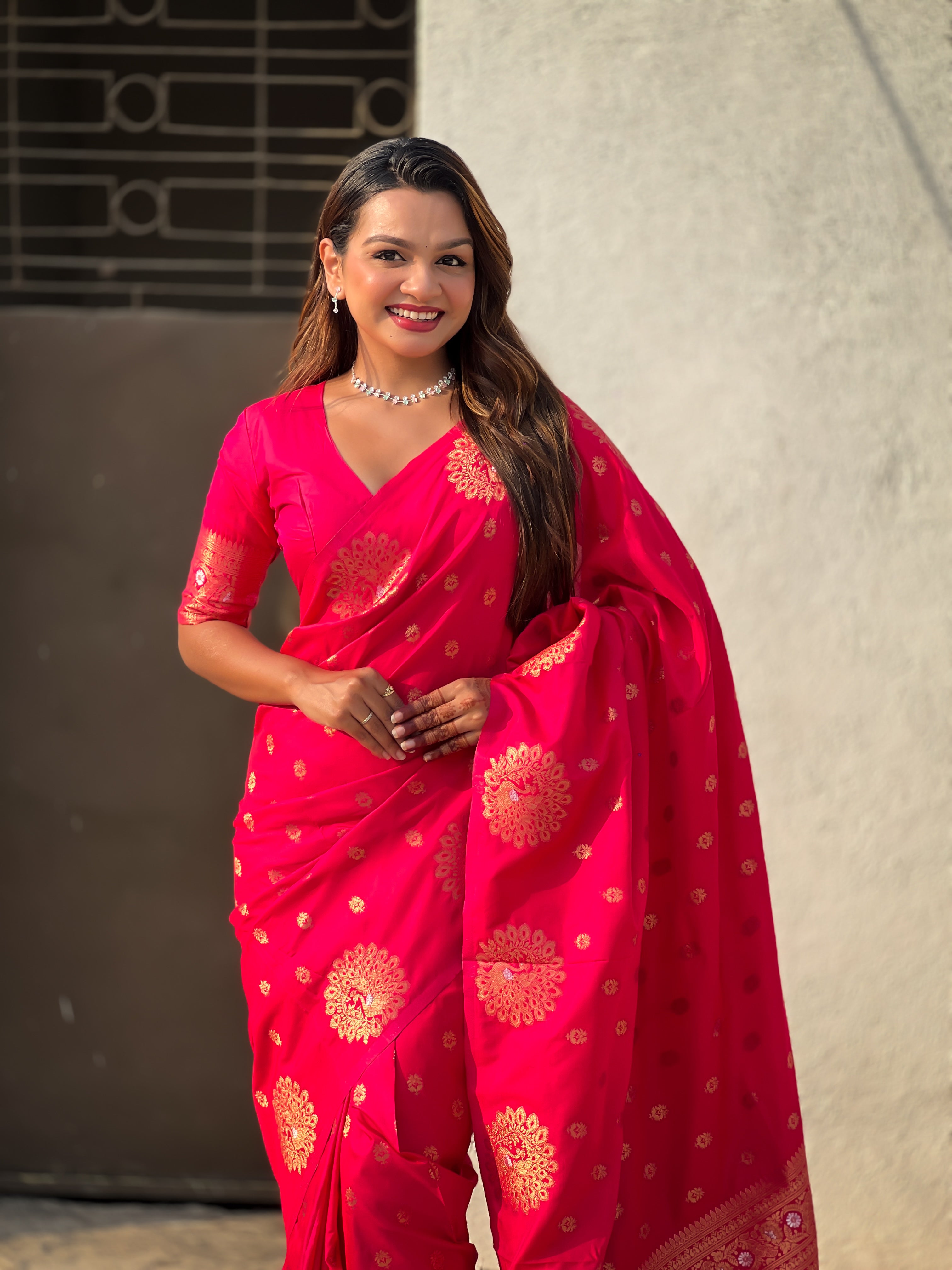 Pink Moonga Silk Woven Dual Jari Peacock Designer Heavy Festive Wear Saree