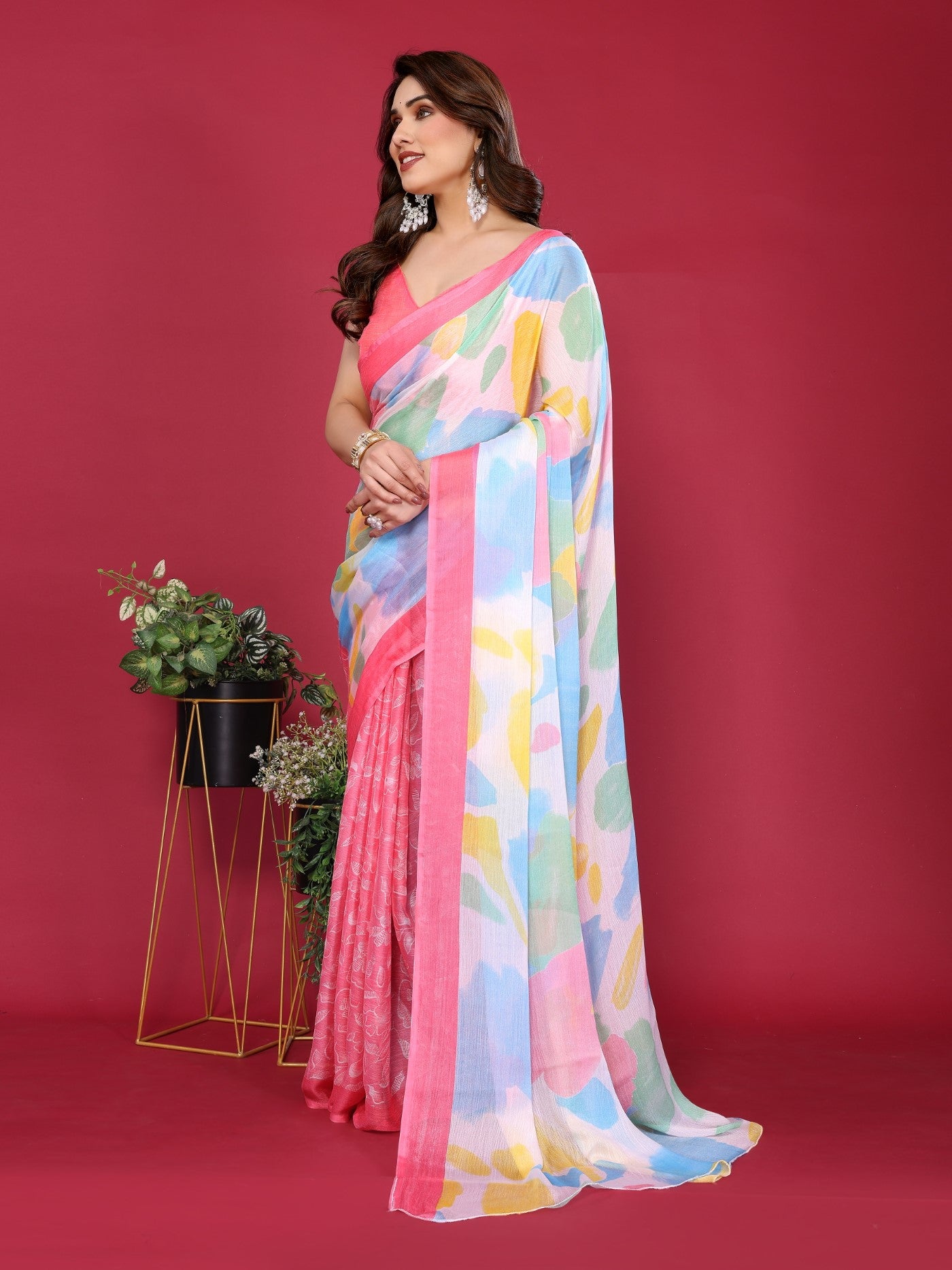 Pink Moss Chiffon Saree With Elegant Printed Design
