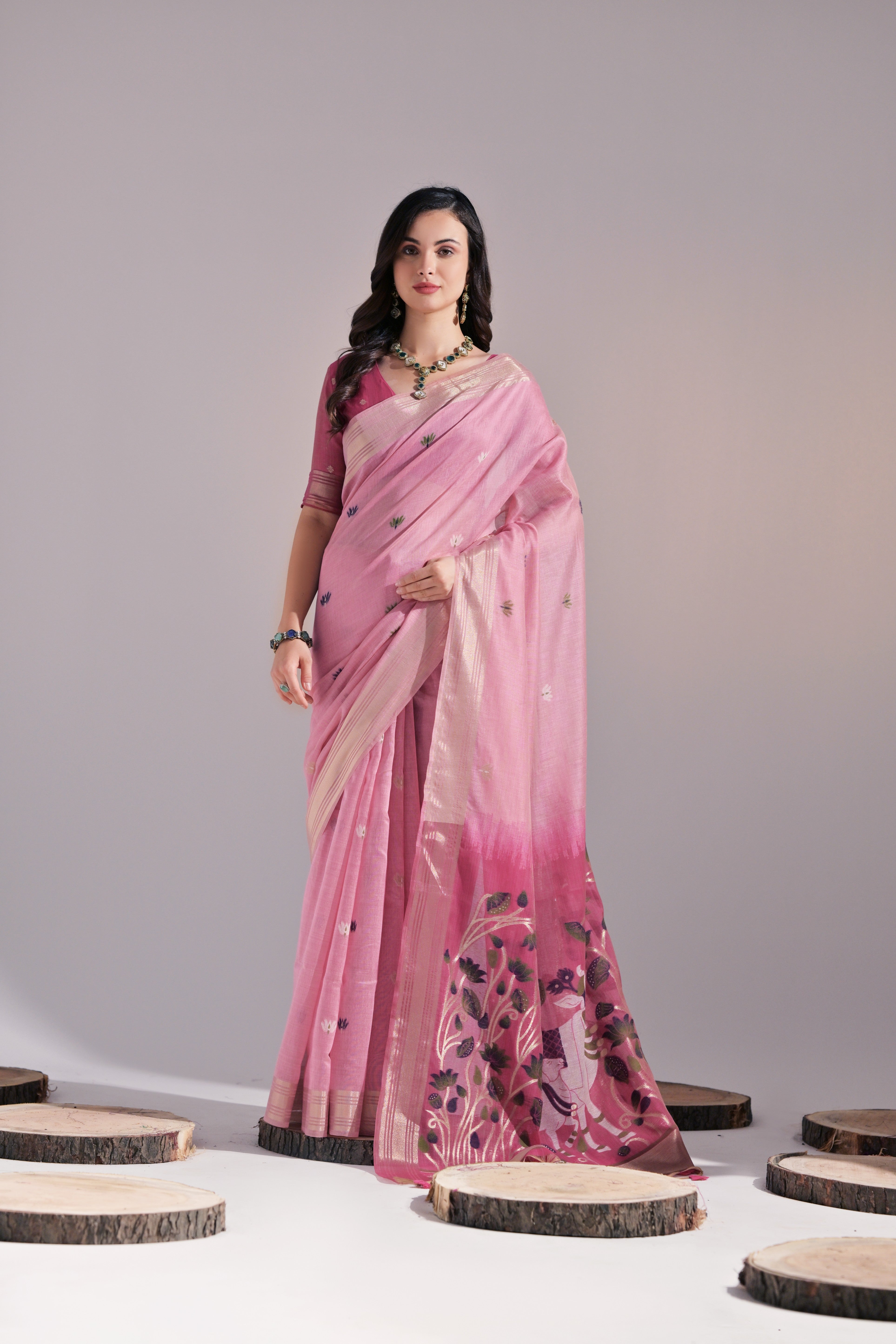 Pink Muga Cotton Saree with Cow Design and Butti Weaves