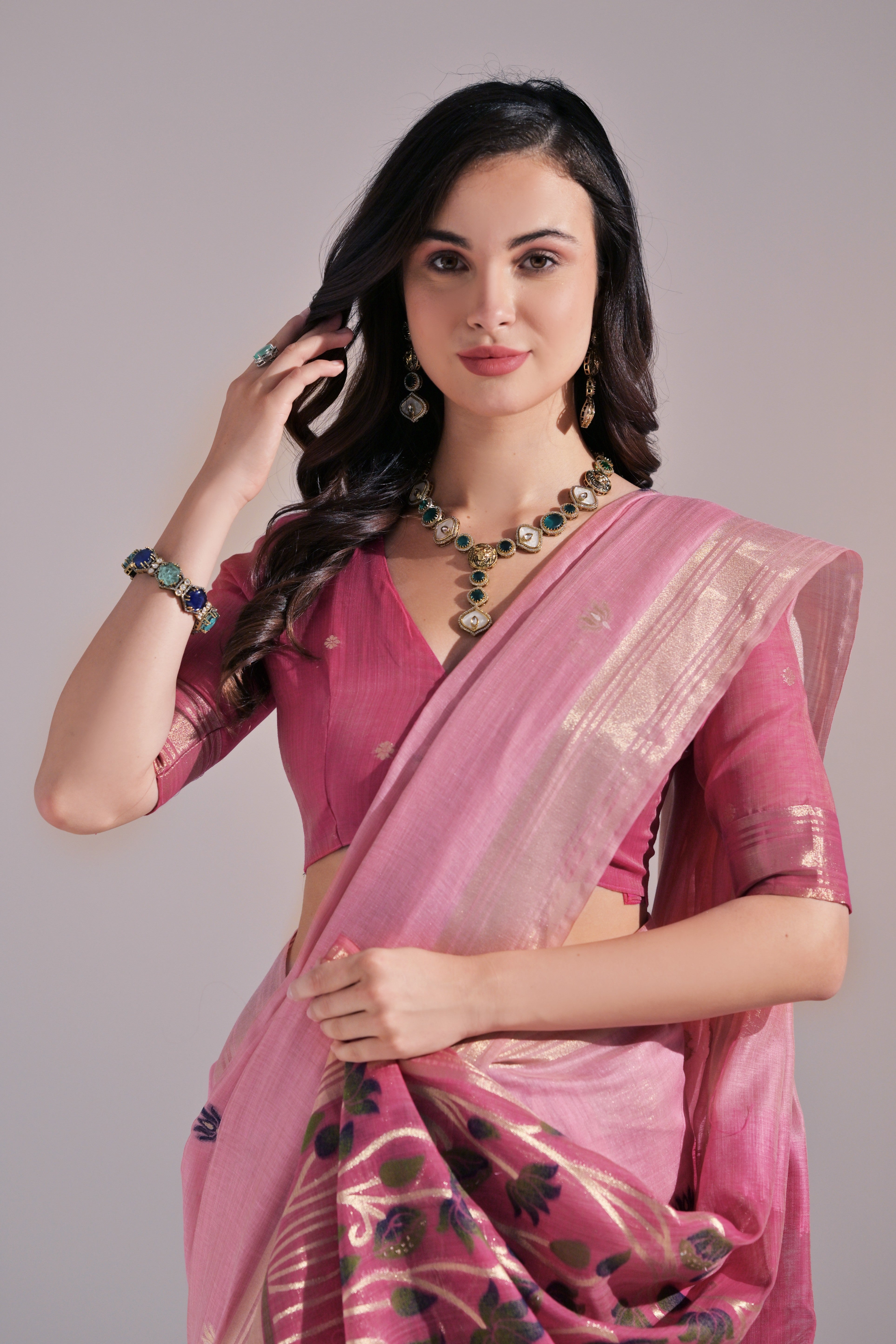 Pink Muga Cotton Saree with Cow Design and Butti Weaves