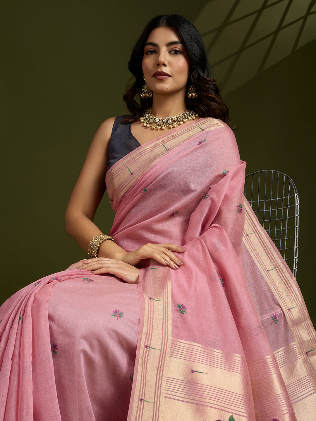 Pink Muga Cotton Saree with Flower Butti and Paithani Pallu