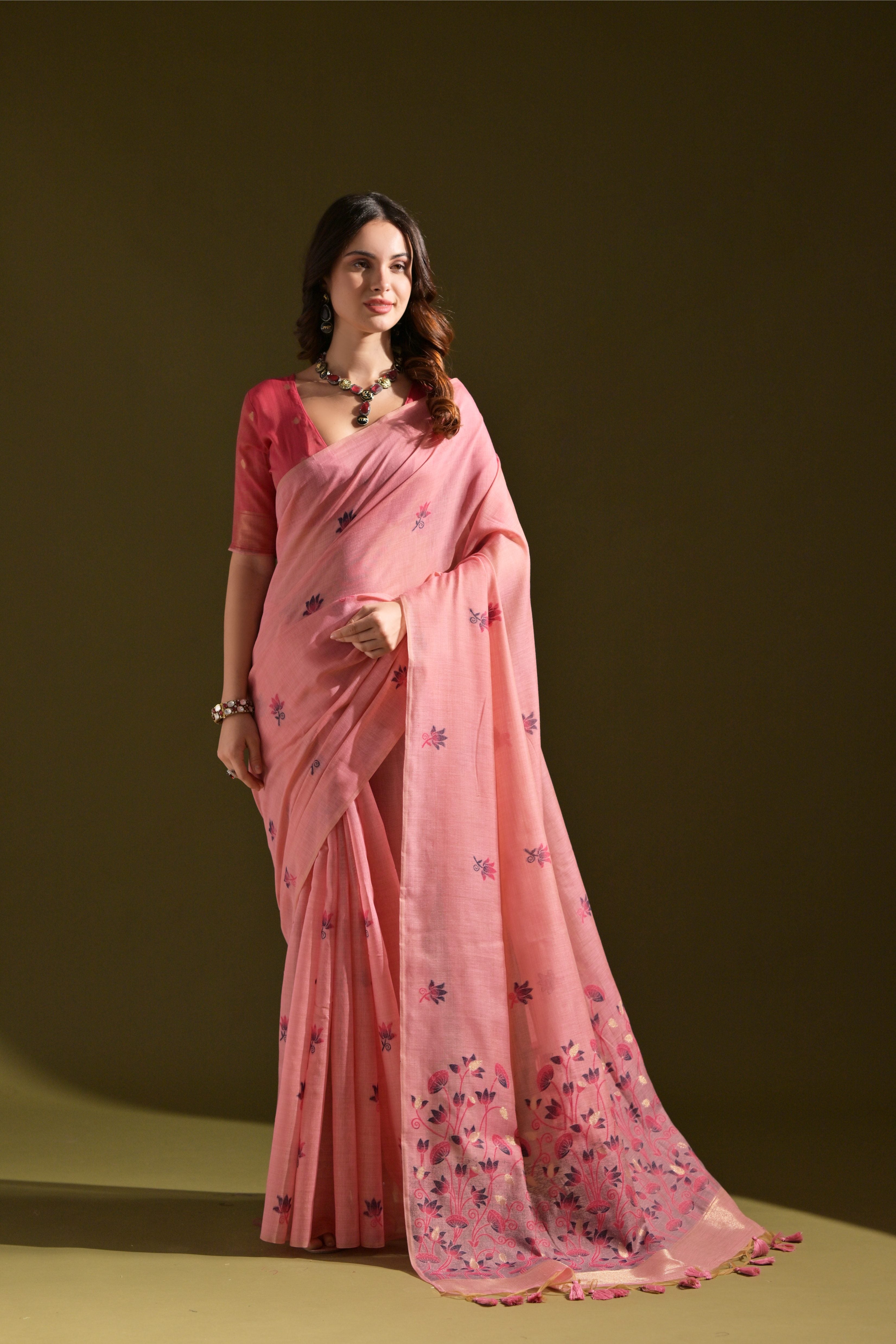 Pink Muga Cotton Saree with Lotus Thread Design