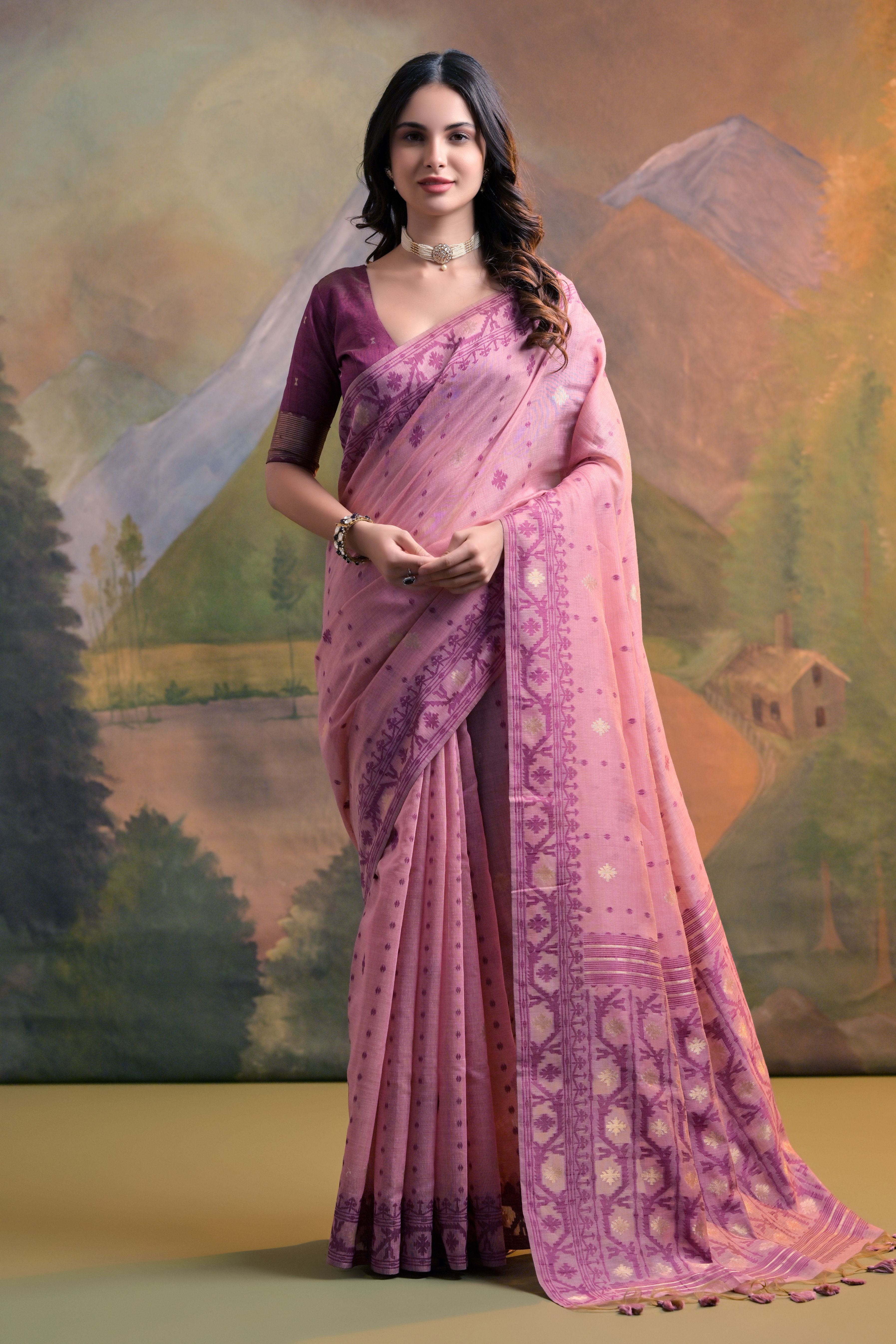 Pink Muga Cotton Saree with Thread Butti Weaves