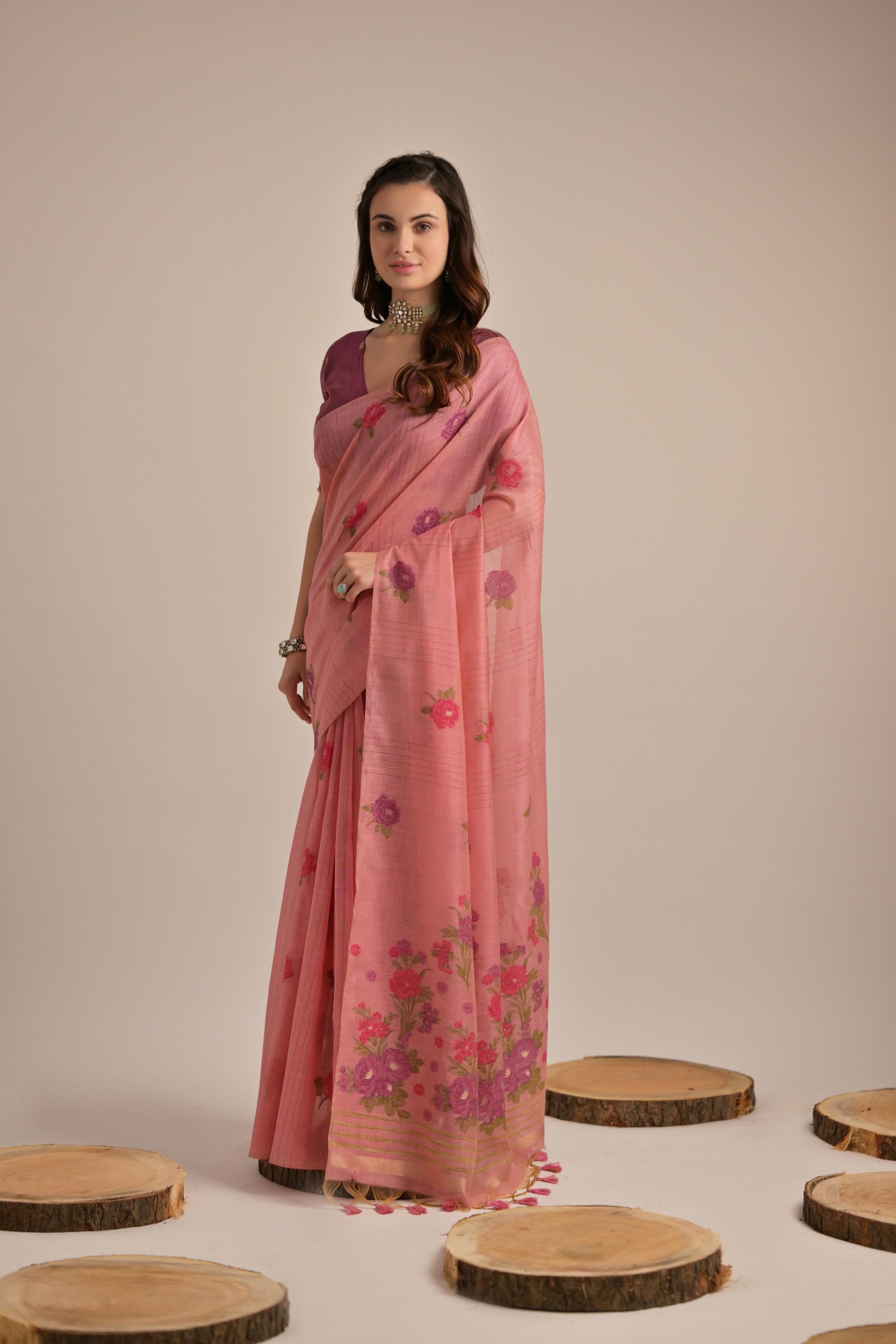 Pink Muga Cotton Saree with Thread Woven Flower Design