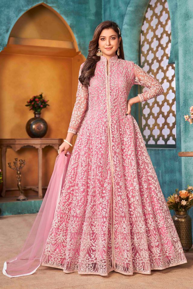 Pink Net Heavy Thread Embroidery With Sequins Work Anarkali Suits