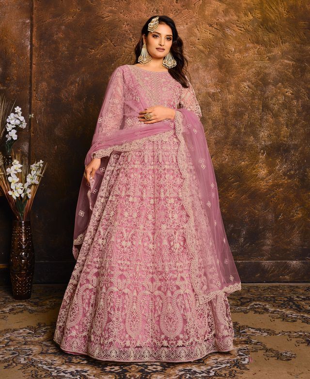 Pink Net Heavy Thread Embroidery Work Anarkali Suits