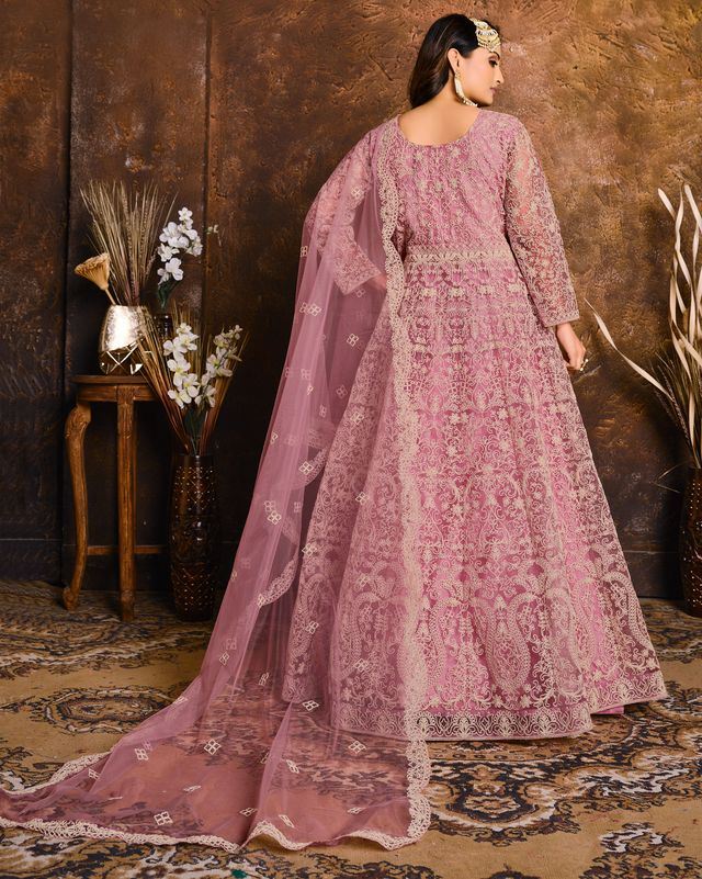 Pink Net Heavy Thread Embroidery Work Anarkali Suits