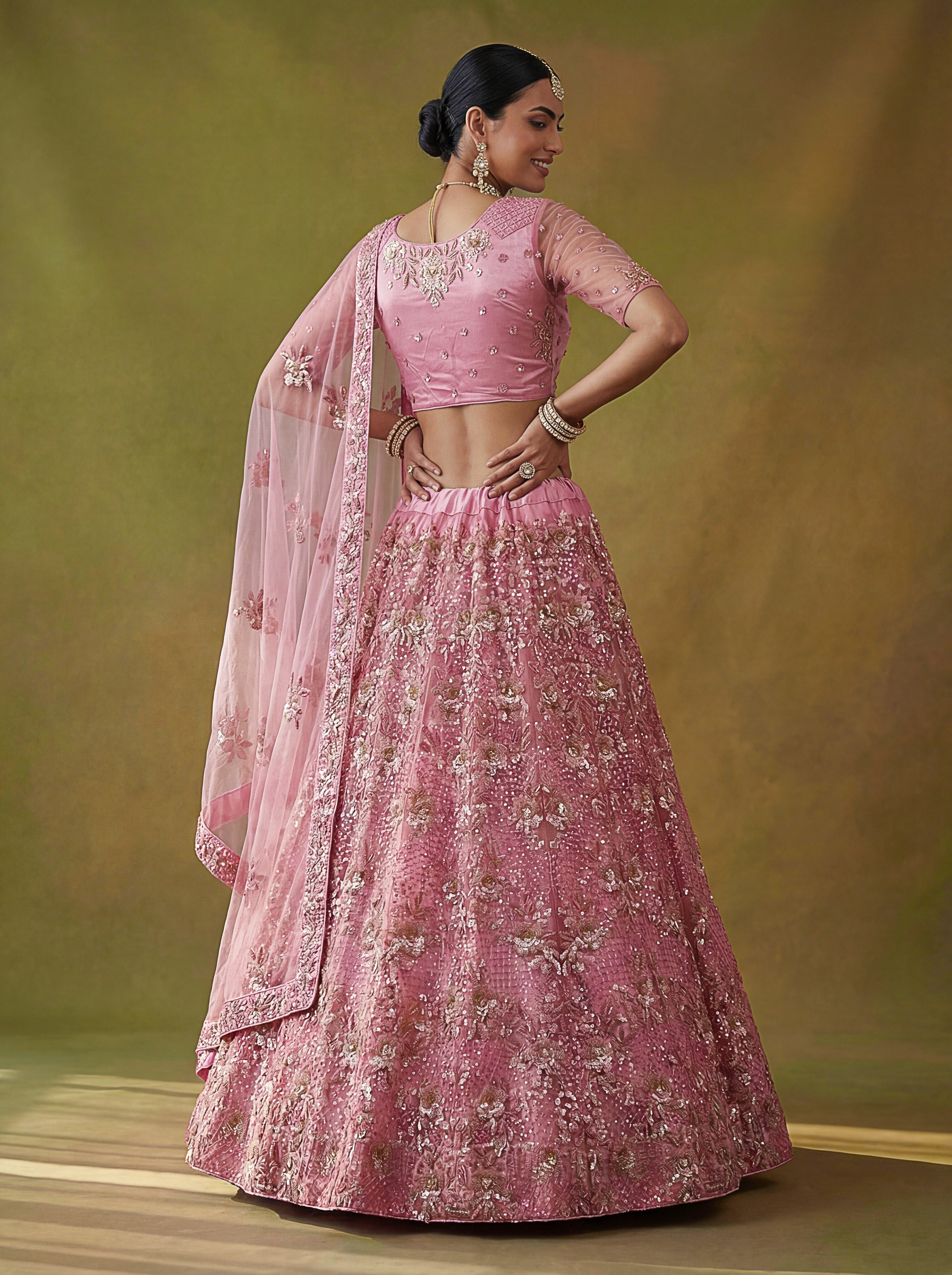 Pink Net Lehenga Choli With Fancy Multi Heavy Thread Embroidery With Sequins Work