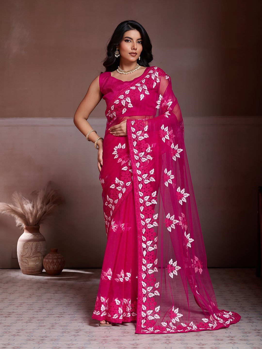 Pink Net Saree With Embroidery Elegant Designer Saree