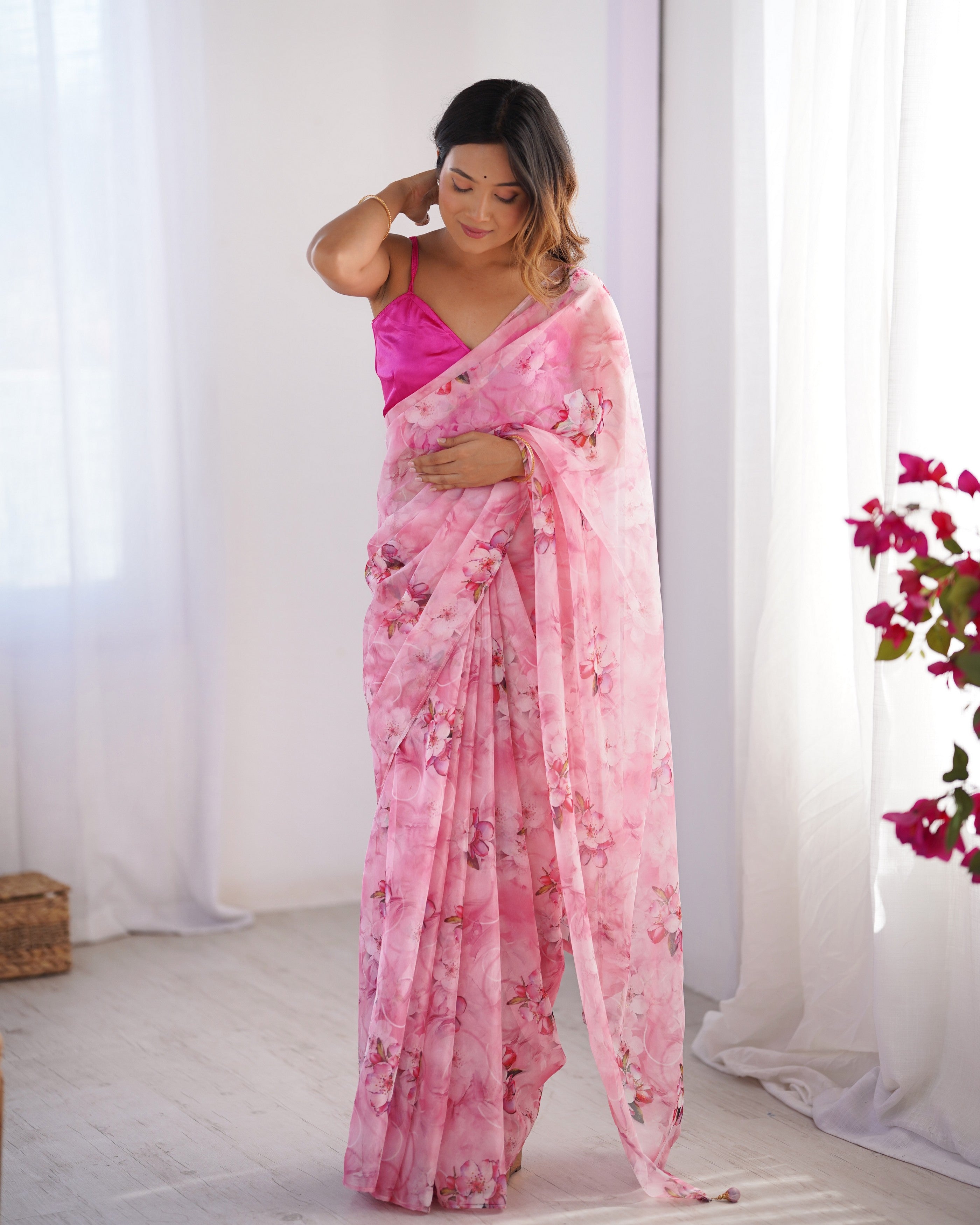 Pink Organza Designer Printed Fancy Partywear Saree