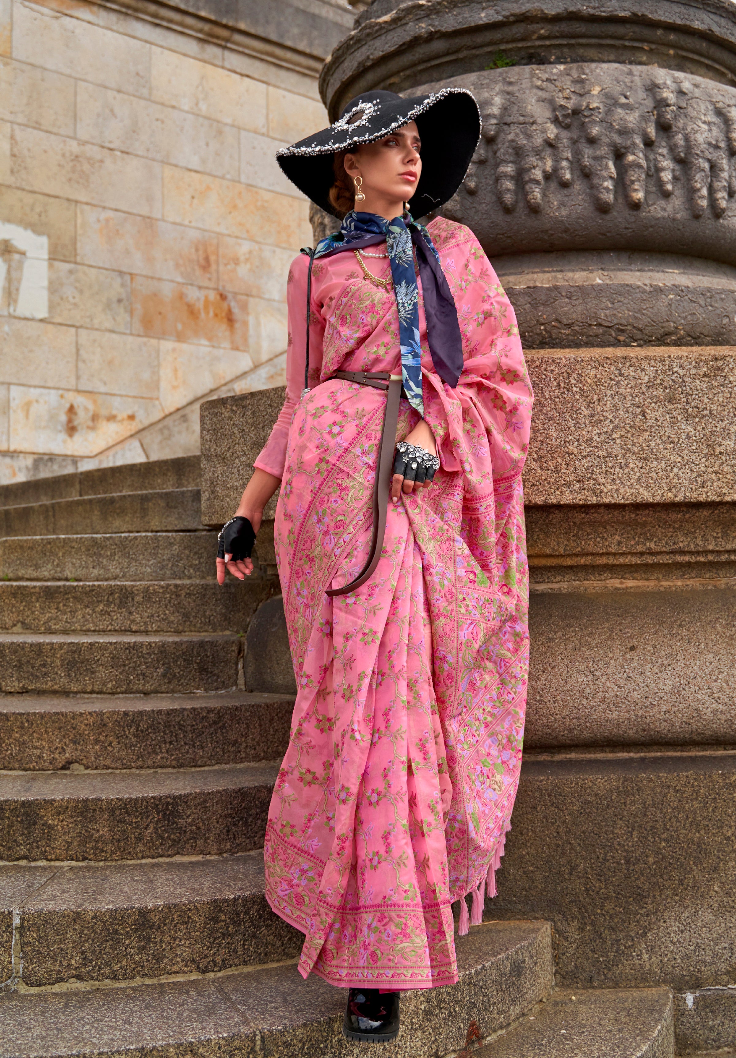 Pink Organza Handloom Saree With Woven Work