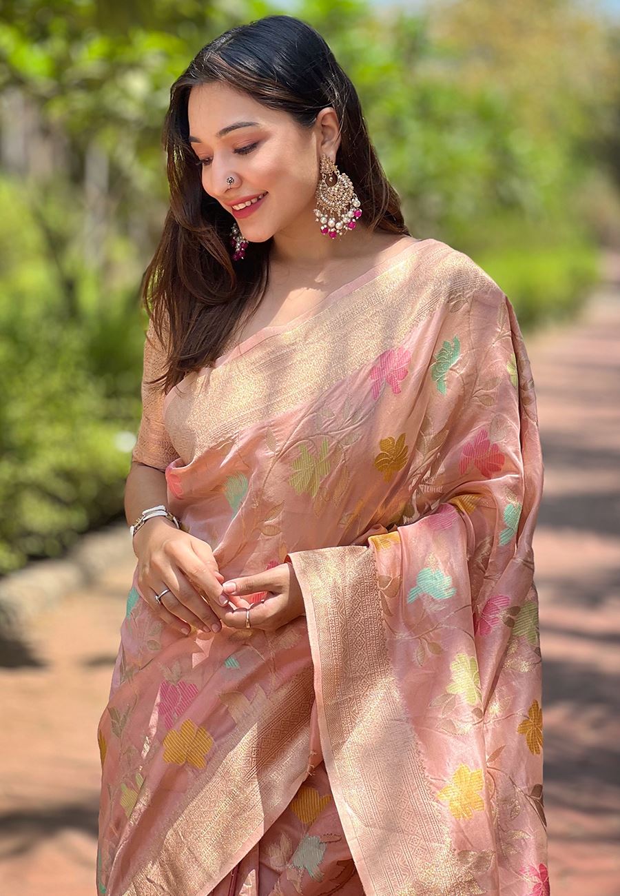 Pink Organza Saree With Woven Work