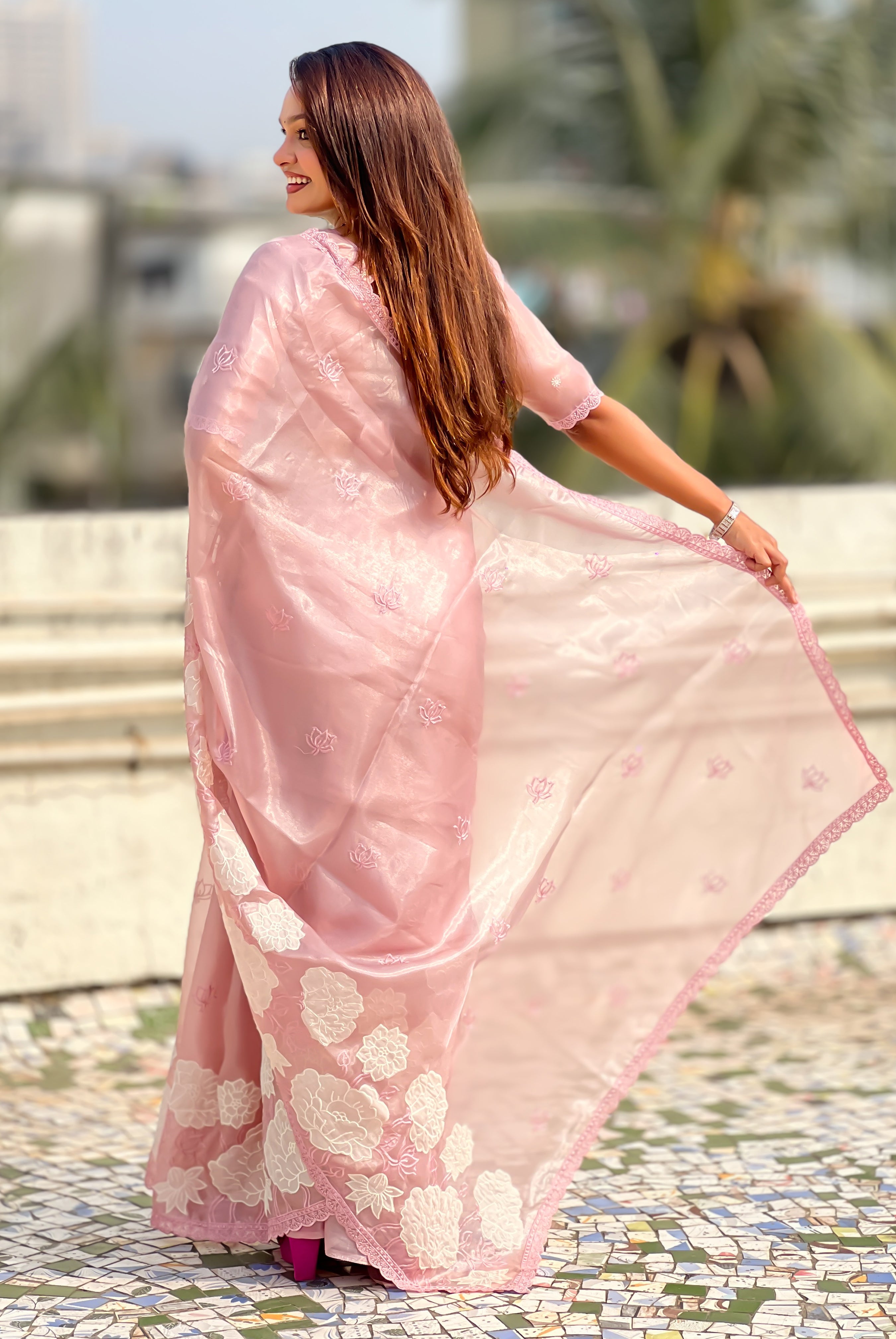 Pink Oris Silk Saree with Elegant Lotus Embroidery Design
