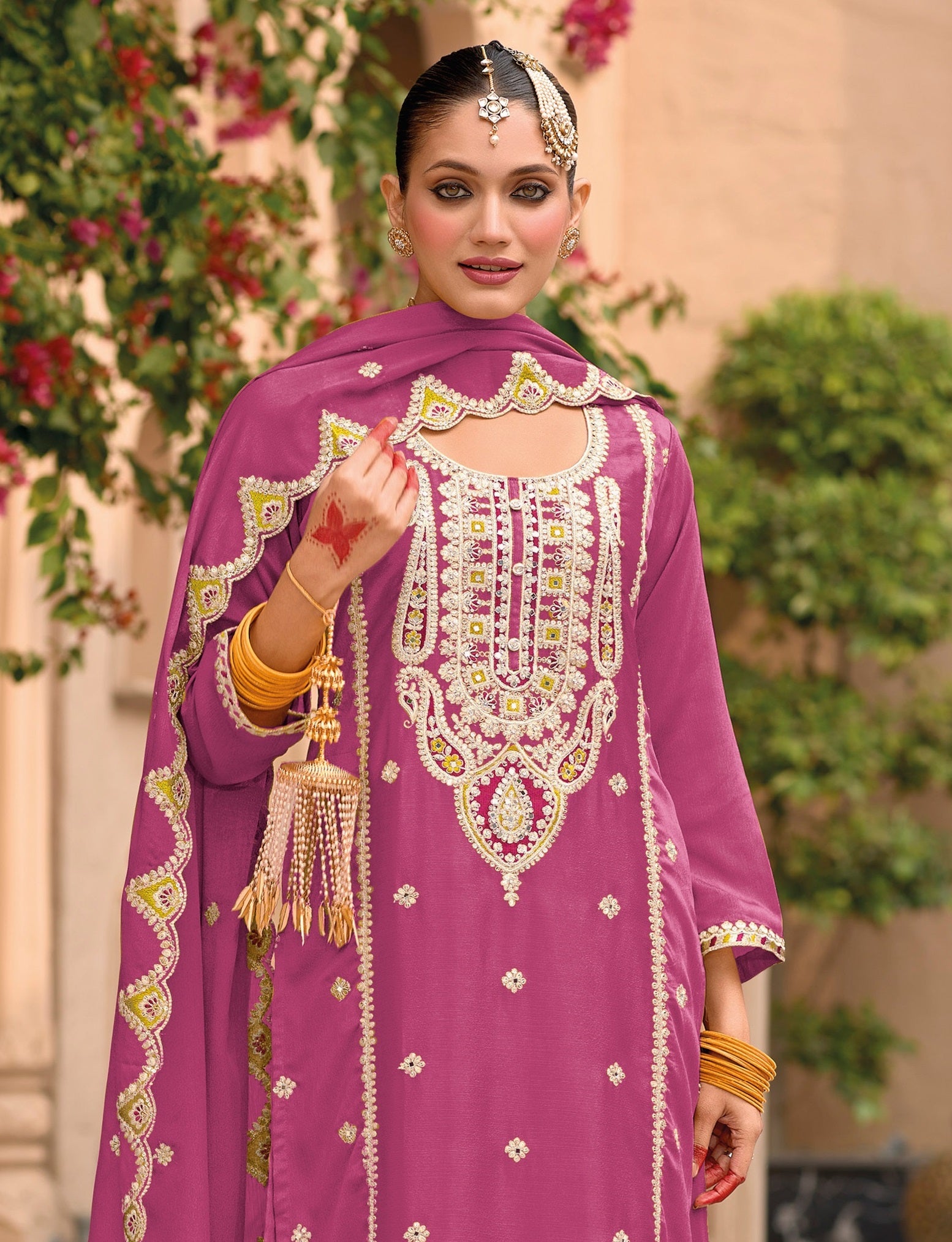 Pink Palazzo Style Salwar Suit With Heavy Embroidery Work