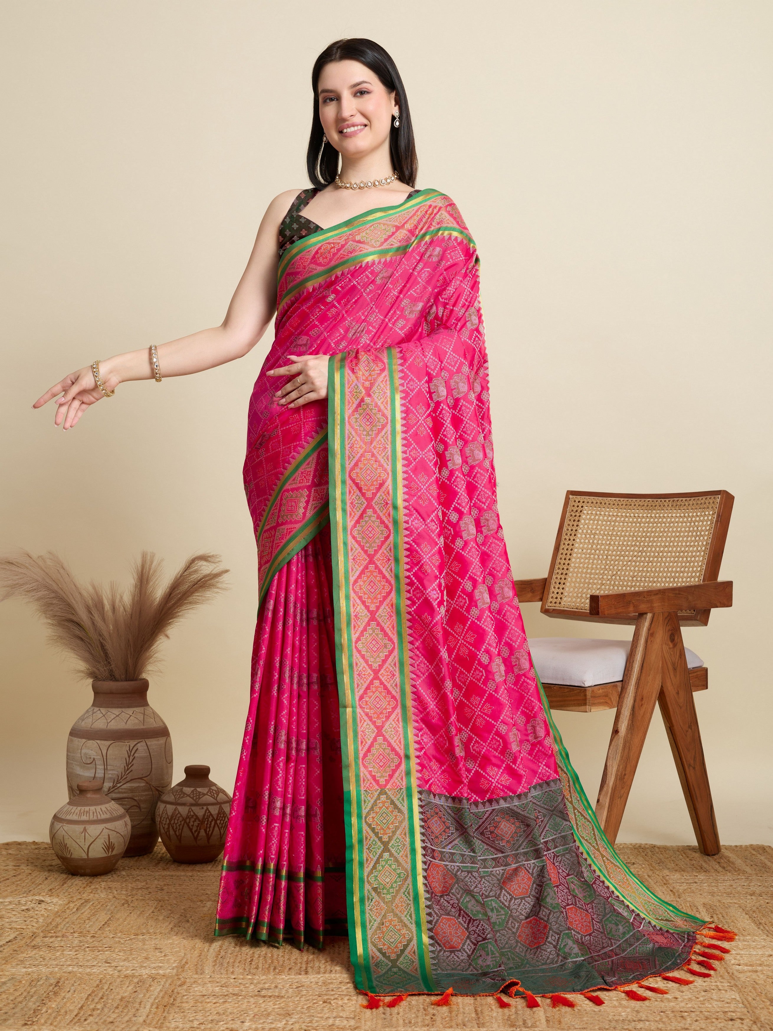 Pink Patola Silk Woven Meenakari Designer Partywear Saree