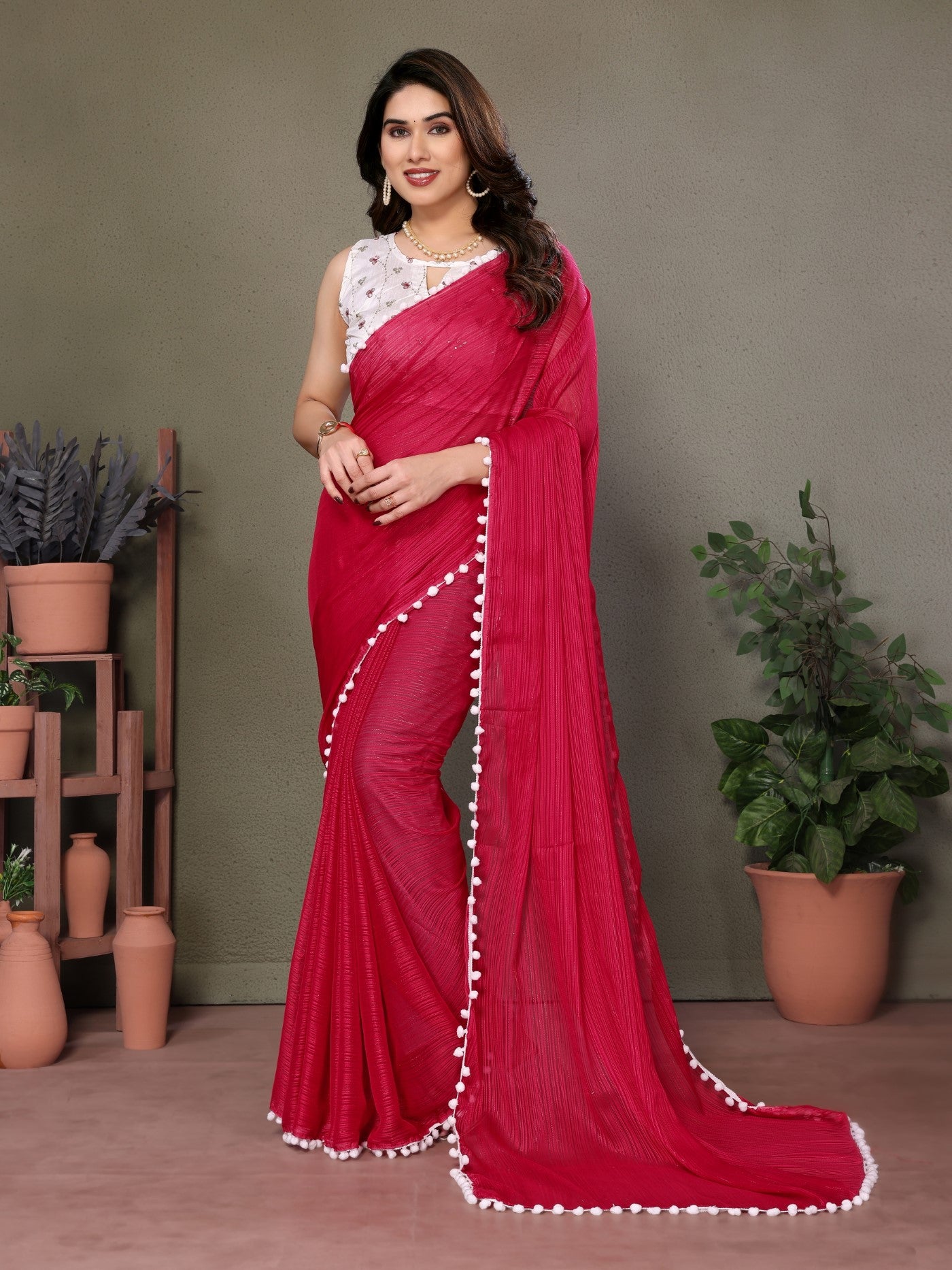 Pink Polyester Zari Saree With Plain Saree With Embroidery Work Blouse And Pum Pum Lace
