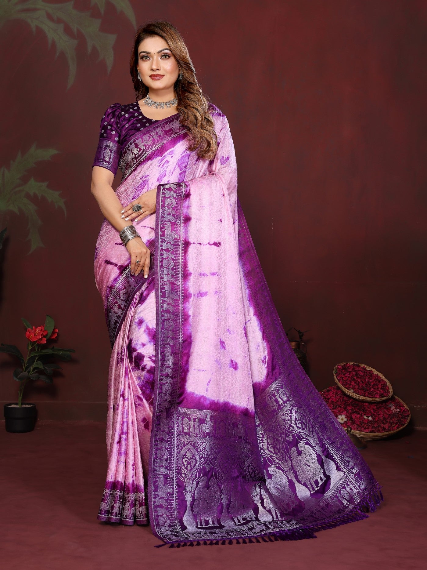 Pink Purple Soft Satin Silk Saree With Premium Sibory Zari Weaving
