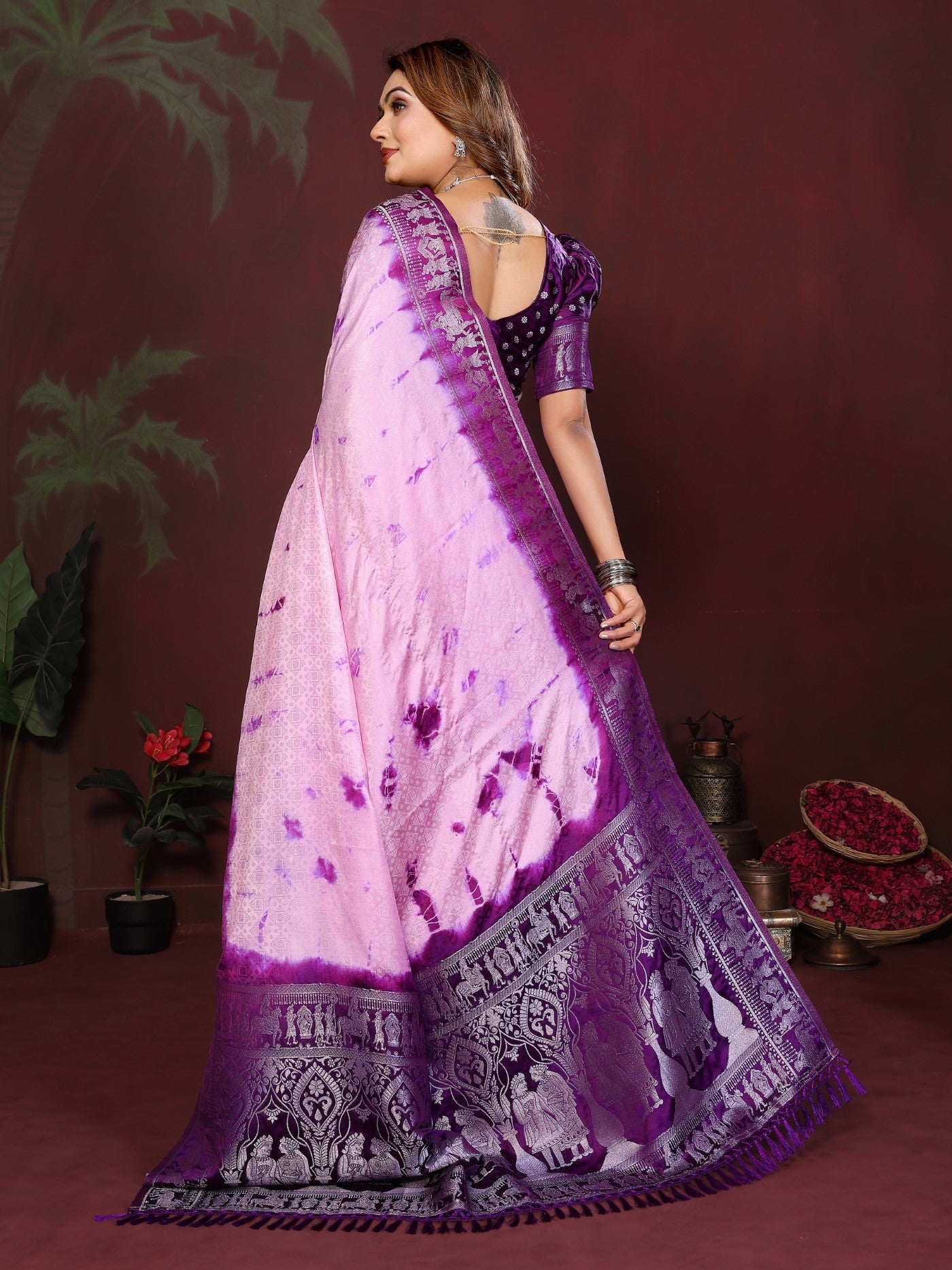 Pink Purple Soft Satin Silk Saree With Premium Sibory Zari Weaving