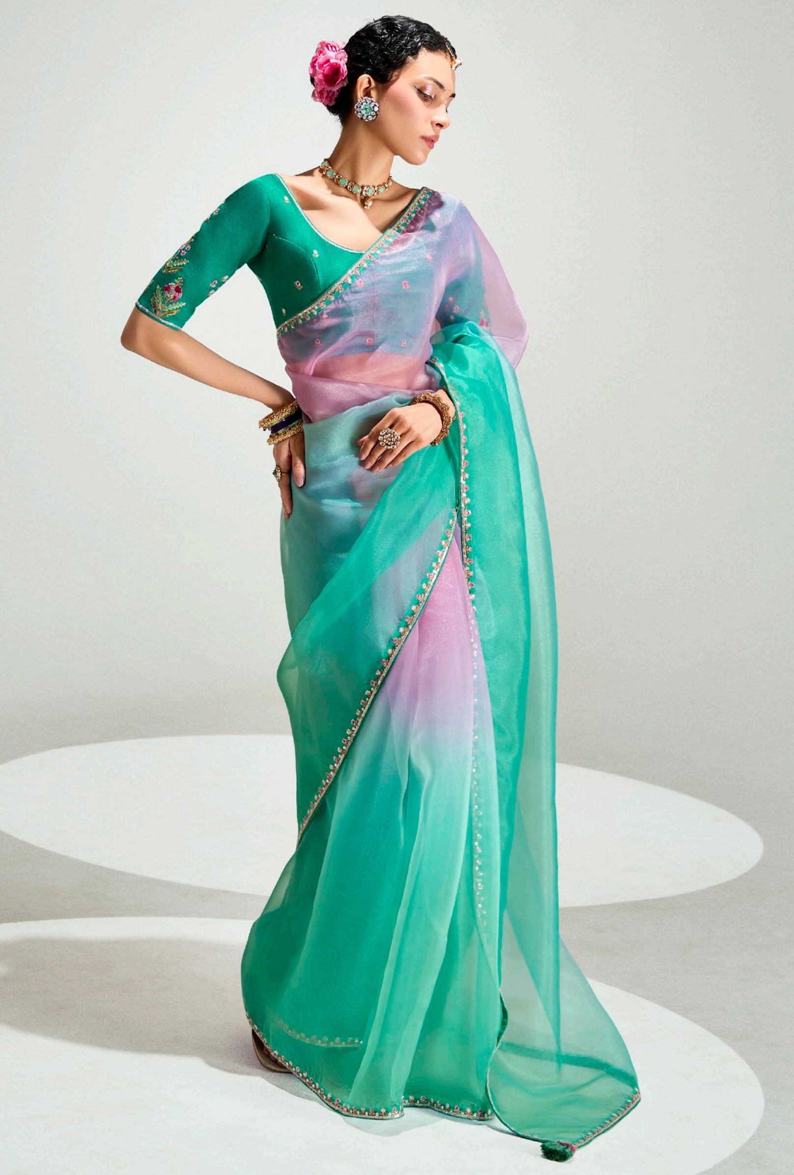 Pink Rama Organza Saree with Embroidered Blouse