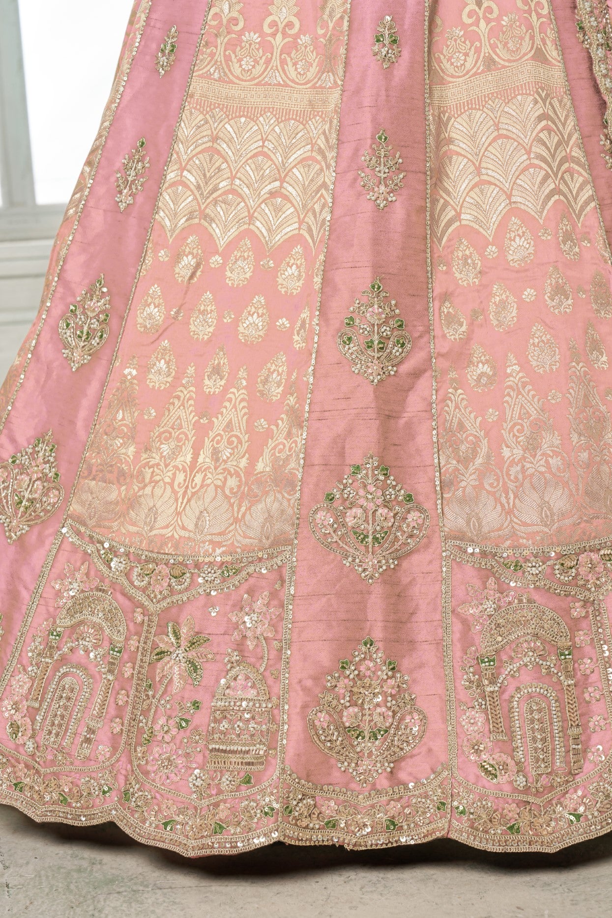 Pink Raw Silk Heavy Embroidered Bridal Lehenga Choli