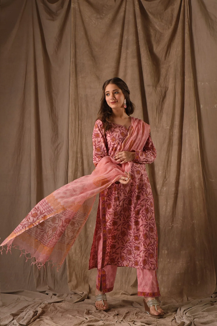 Pink Roman Linen Slub Kurta Pant Set Printed