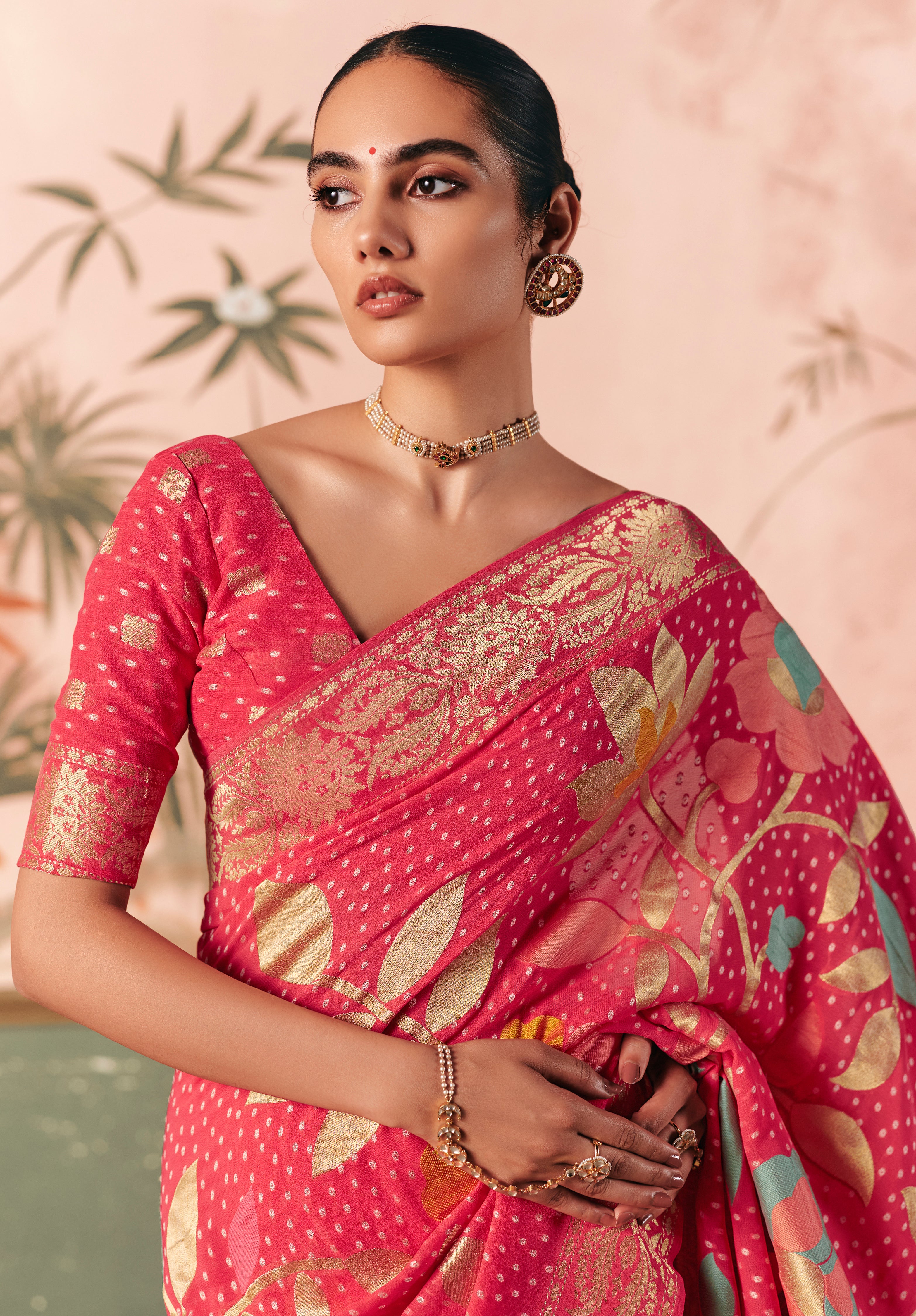 Pink Saree With Designer Bandhej Weaving Work With Beutifull Tassles Attached