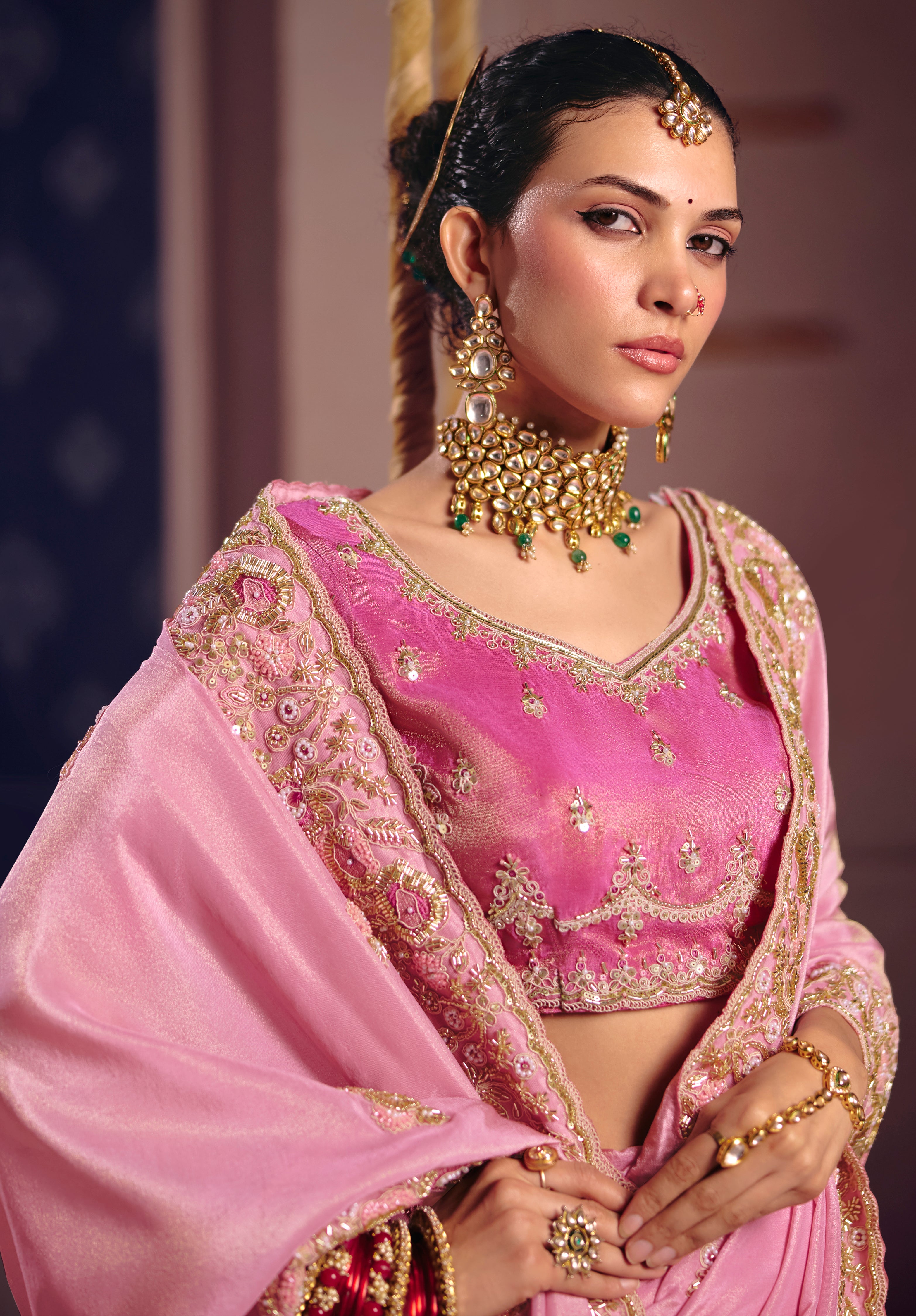 Pink Saree With Heavy Embroidery, Beads With Sequince Work