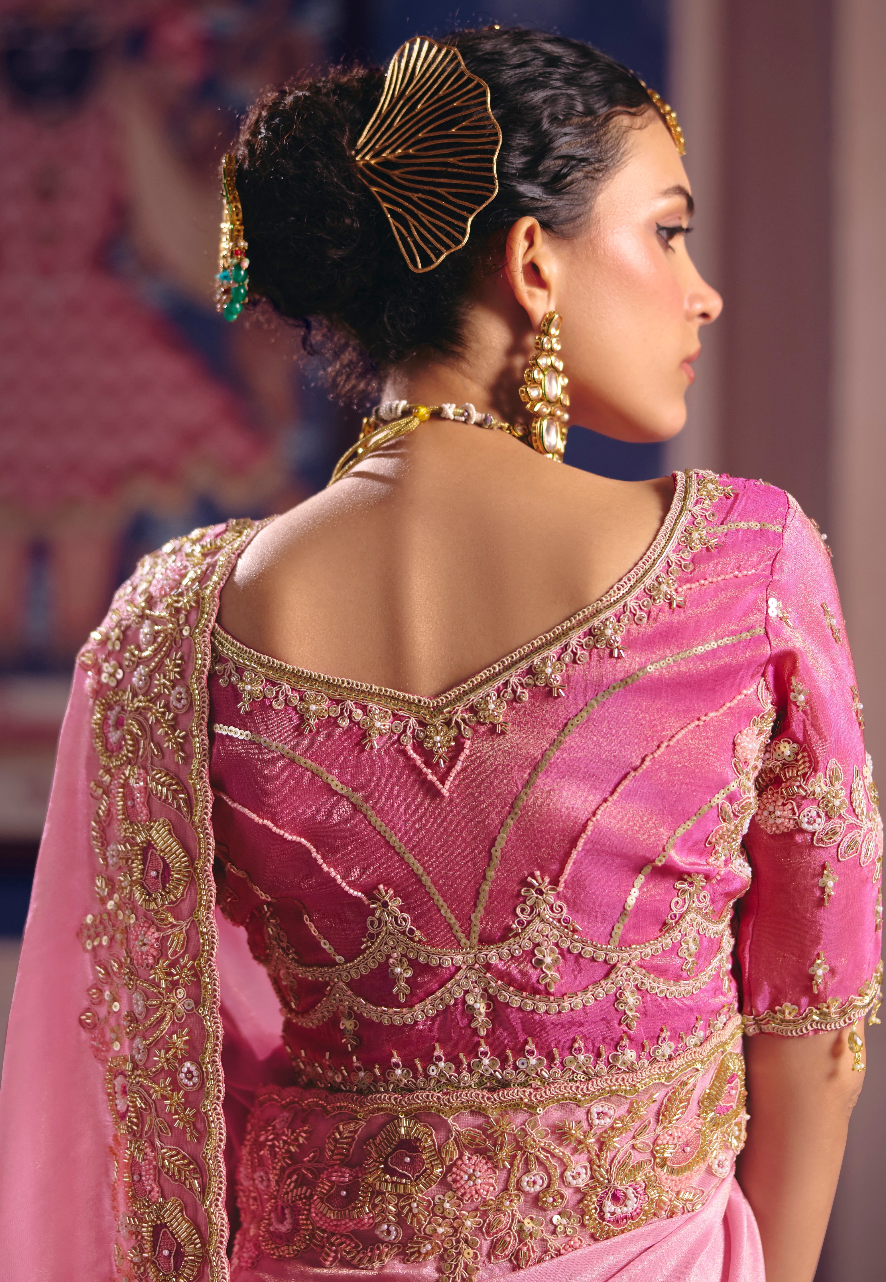 Pink Saree With Heavy Embroidery, Beads With Sequince Work