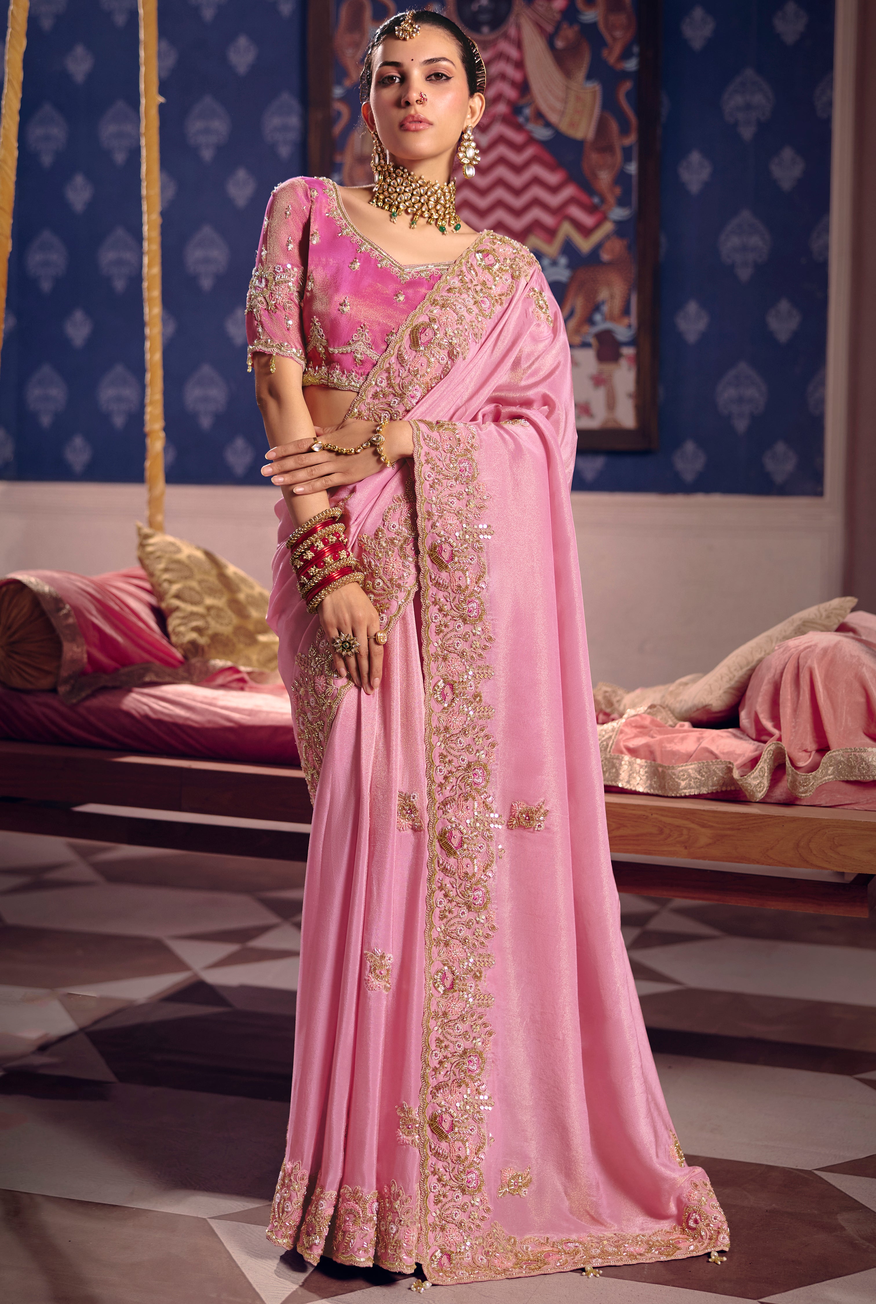 Pink Saree With Heavy Embroidery, Beads With Sequince Work