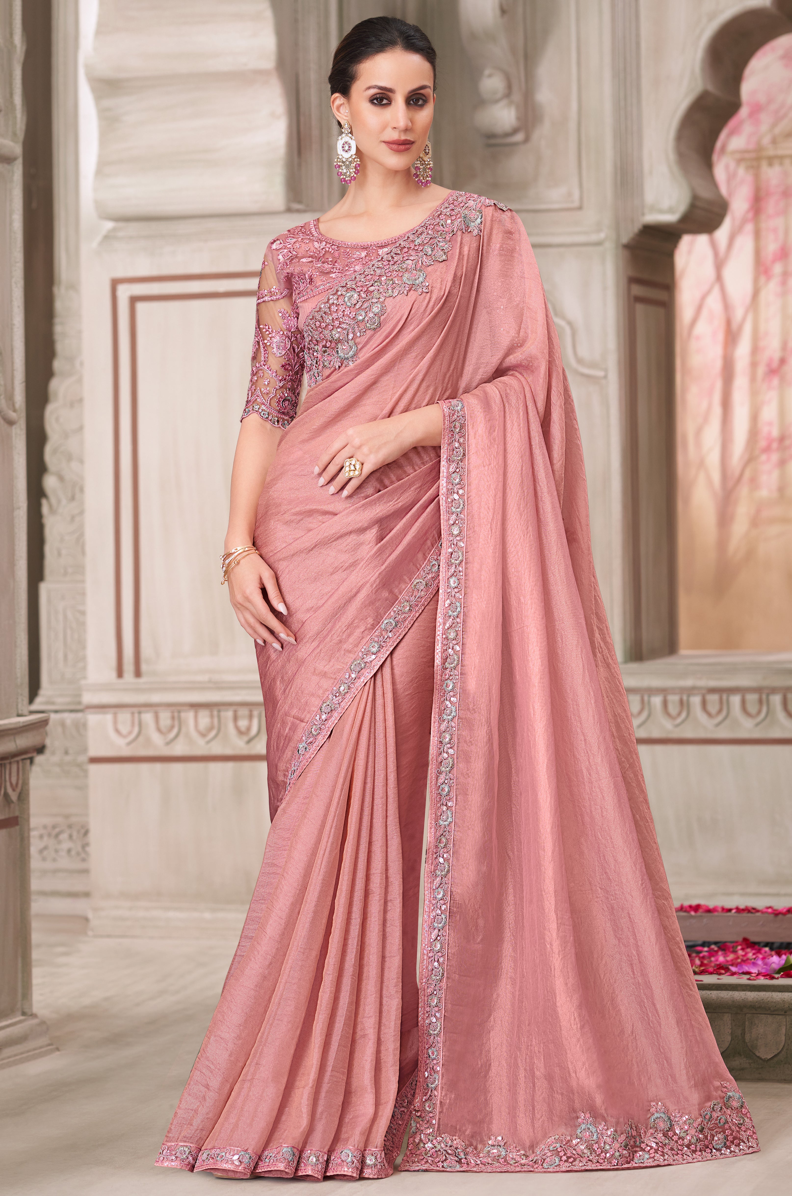 Pink Saree With Heavy Thread Embroidery Sequins Border Work With Embroidery Blouse