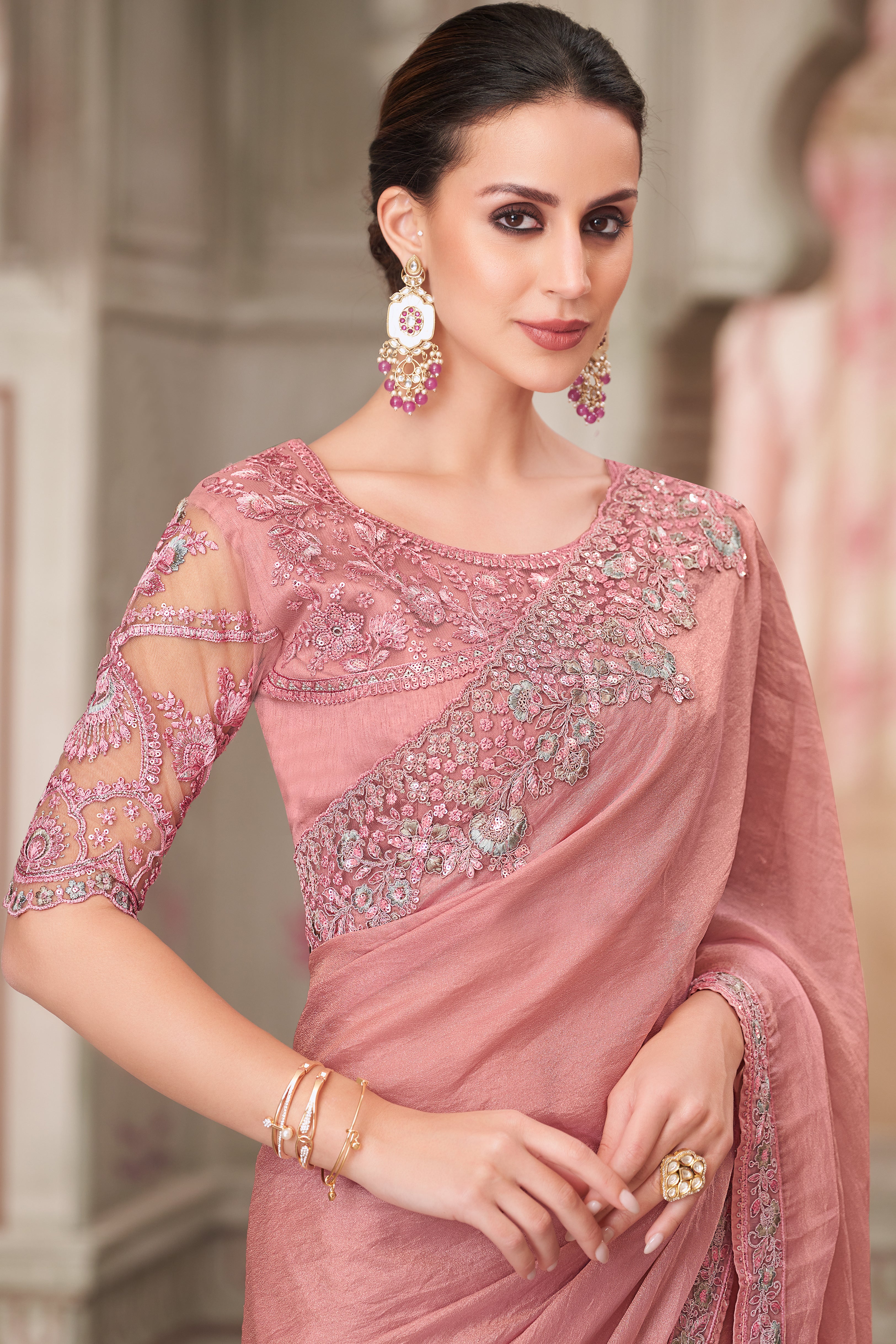 Pink Saree With Heavy Thread Embroidery Sequins Border Work With Embroidery Blouse