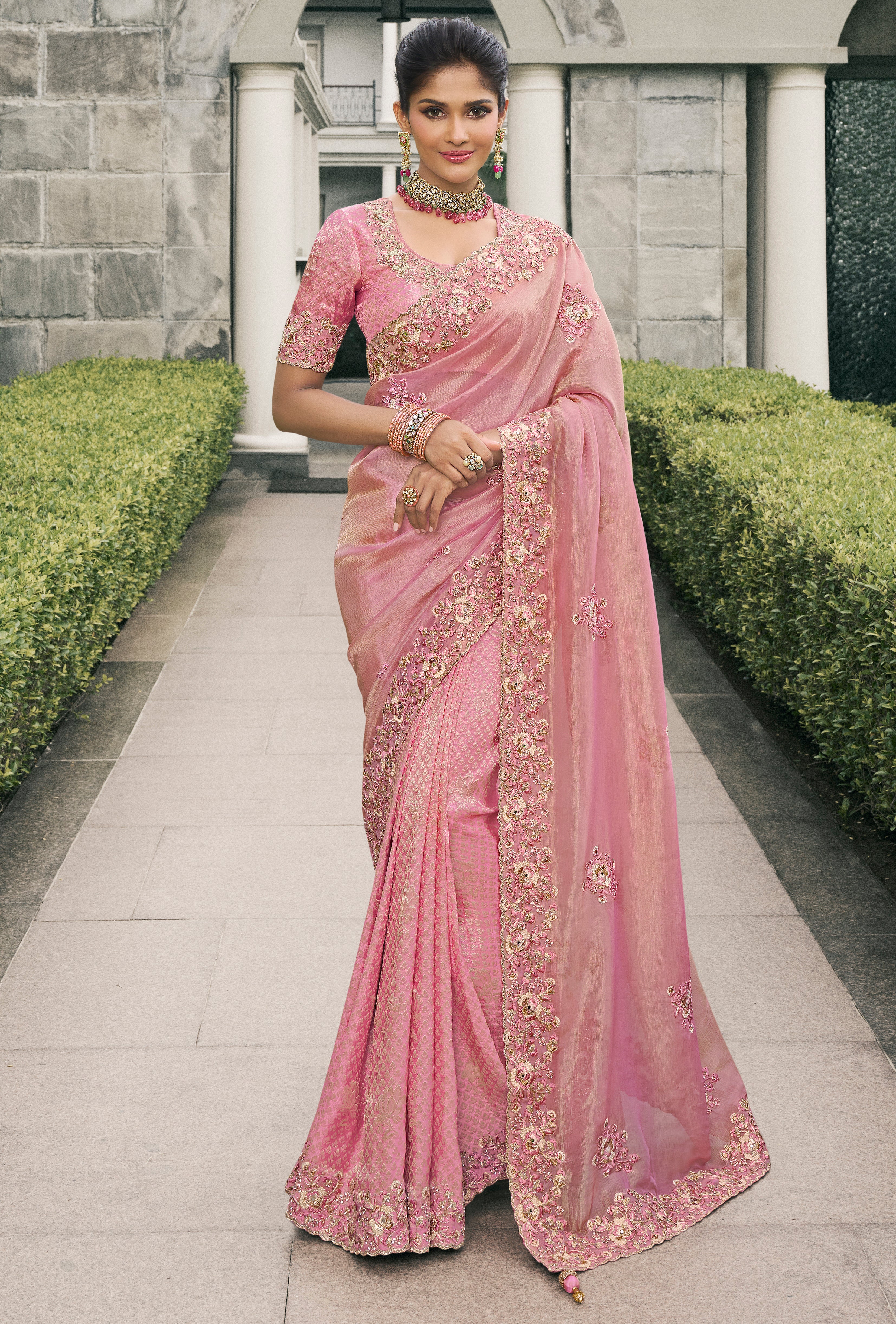 Pink Saree With Heavy Thread Embroidery, Stone, Pearl, Real Mirror Work
