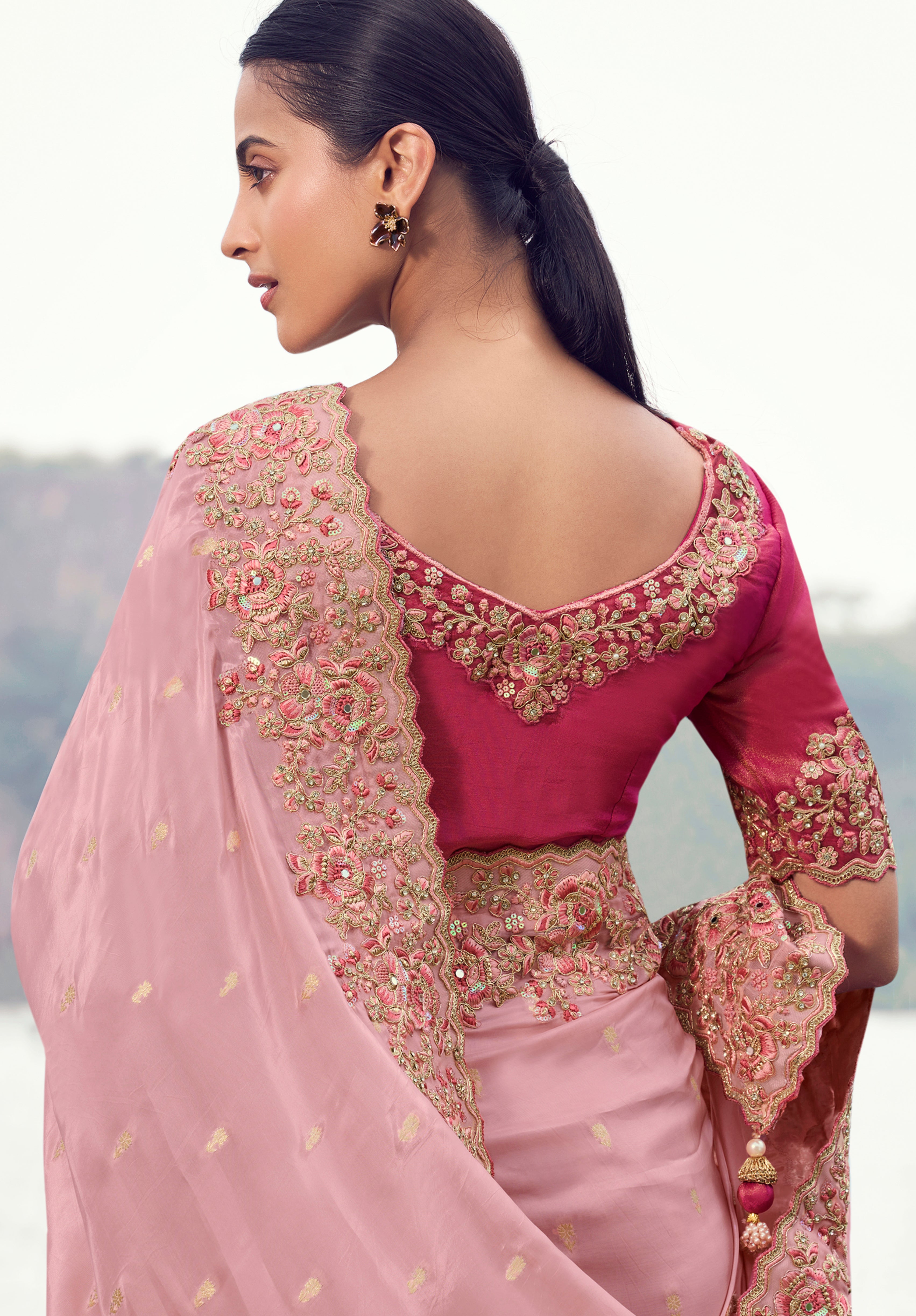Pink Saree With Jacquard Woven With Embroidered Border & Blouse