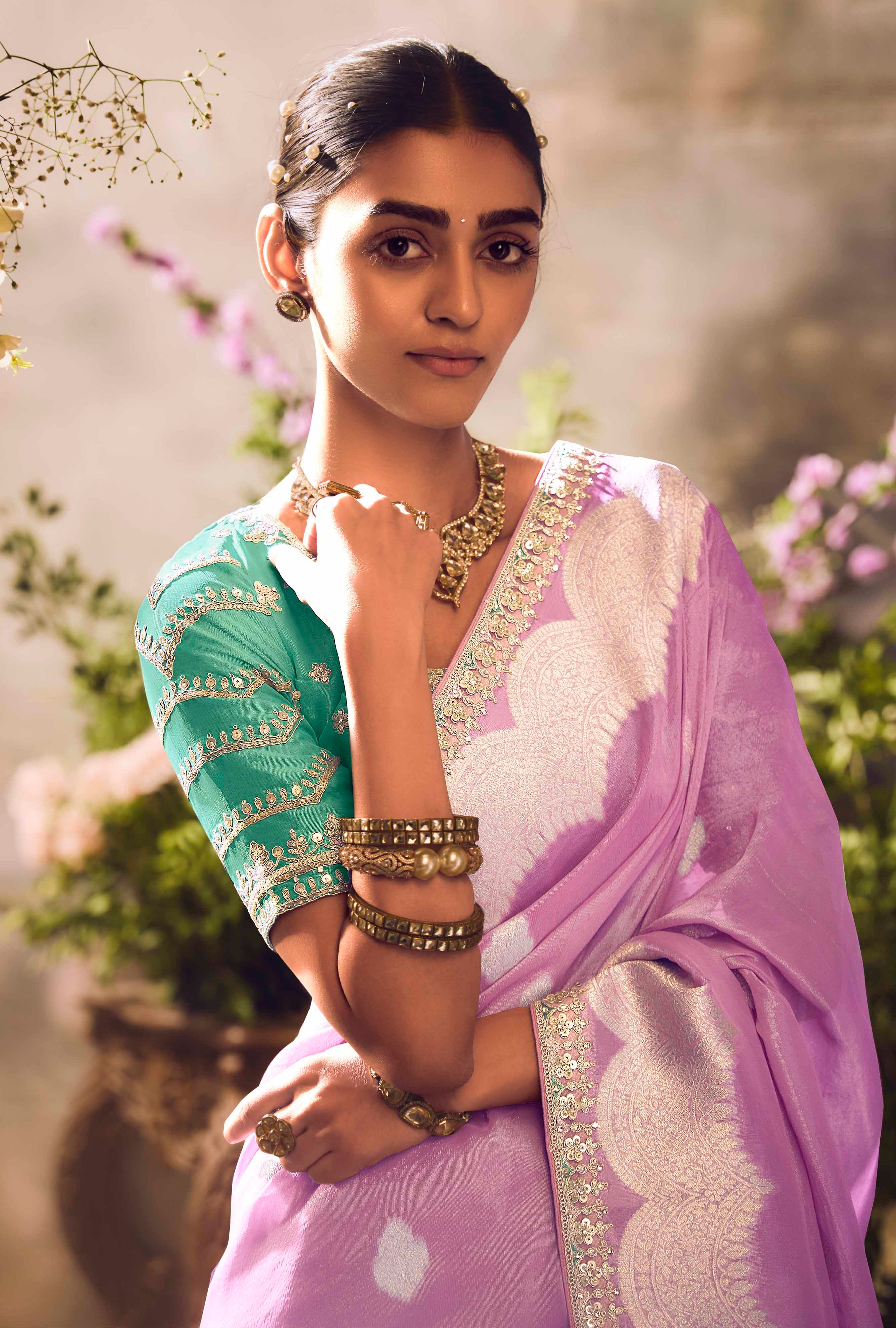 Pink Saree With Jacquard Woven Work with Embroidered Lace Border