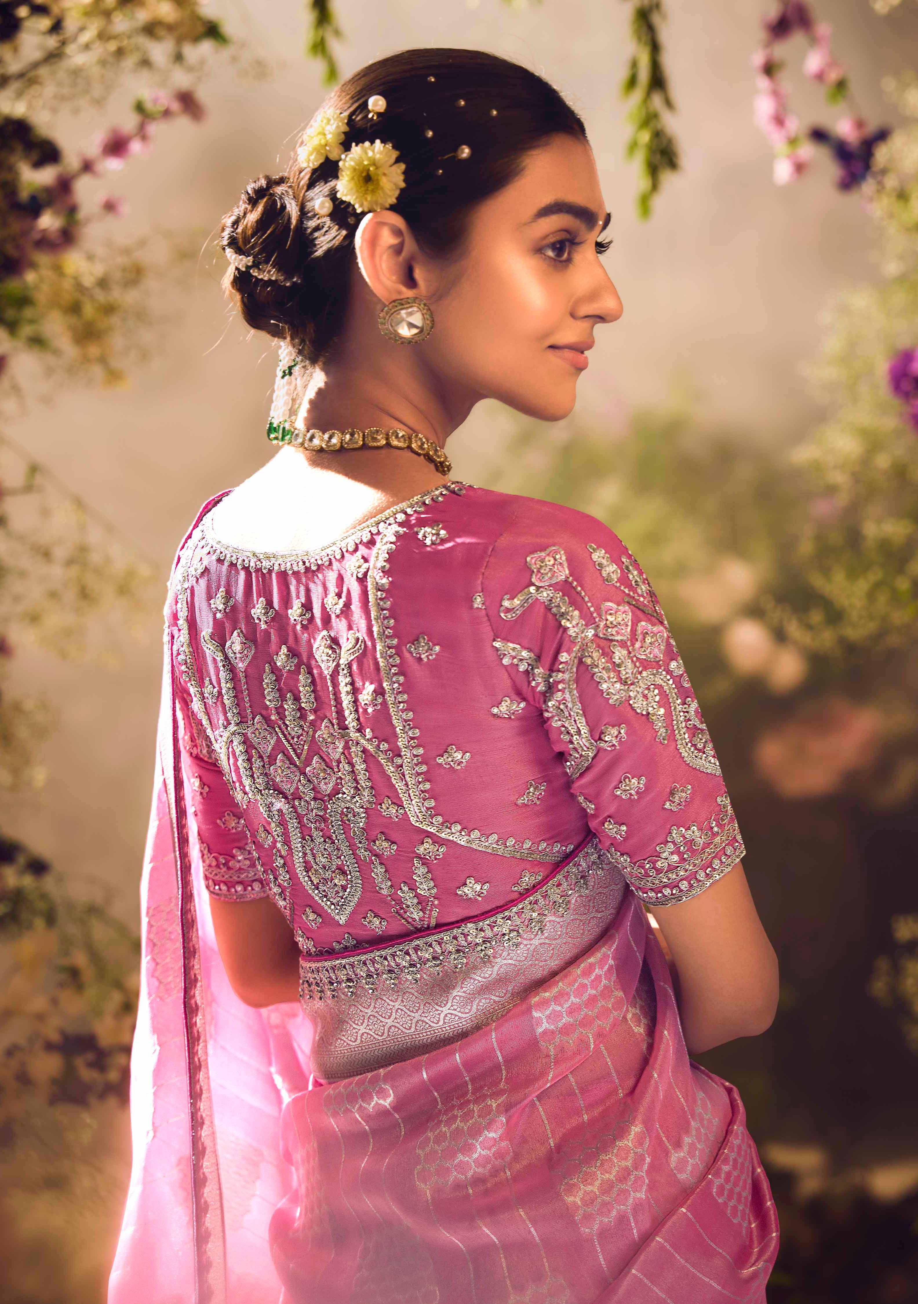 Pink Saree With Jacquard Woven Work with Embroidered Lace Border