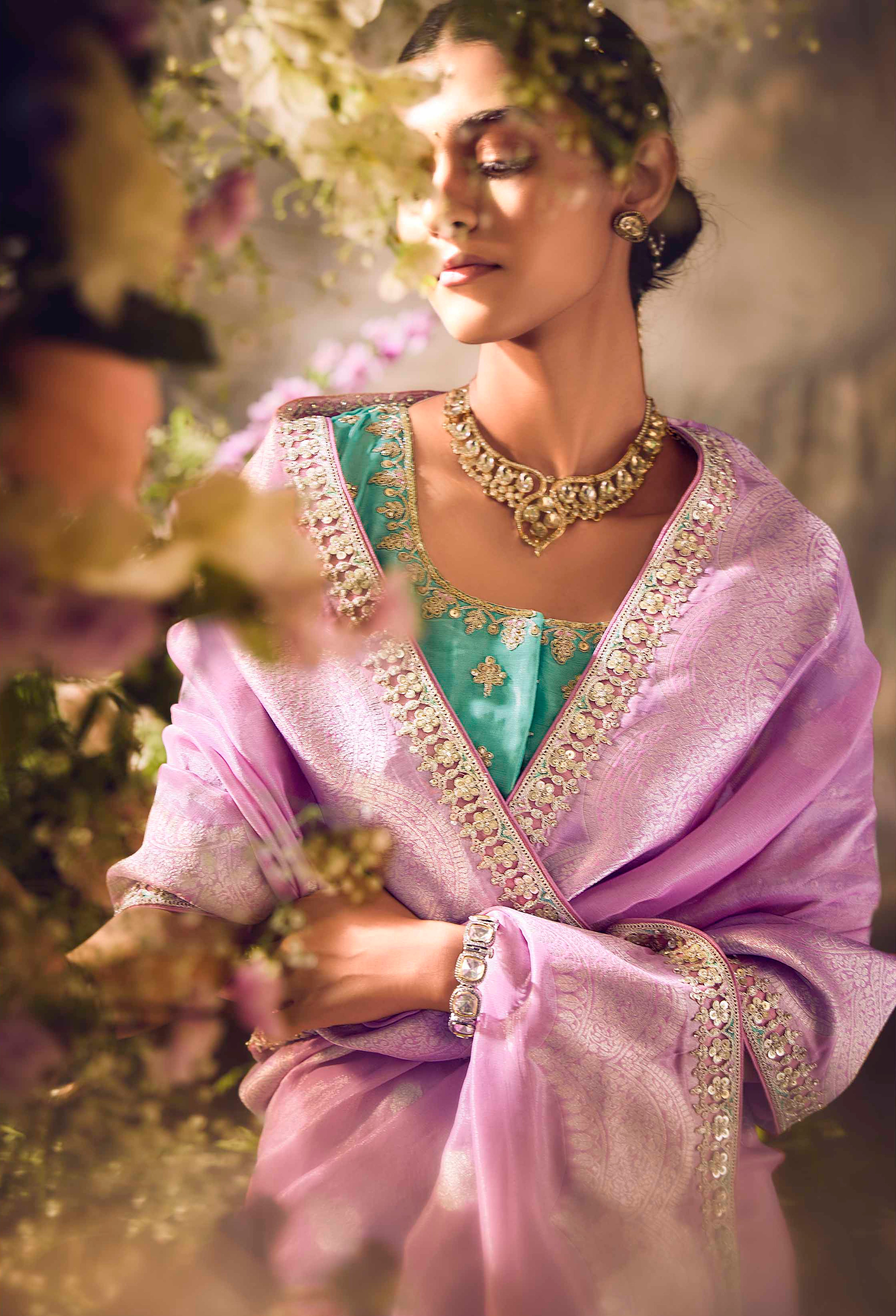 Pink Saree With Jacquard Woven Work with Embroidered Lace Border